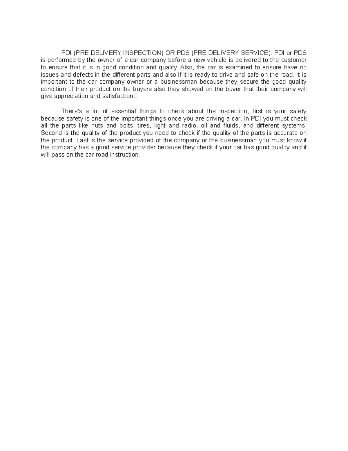 PDI - Pre Delivery Inspection and Its Importance for Car Quality - Studocu