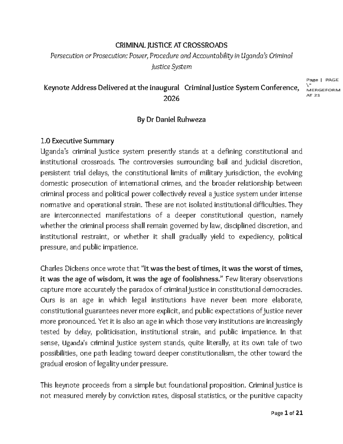 CRIMINAL JUSTICE AT CROSSROADS: Keynote Address by Dr. Daniel Ruhweza ...