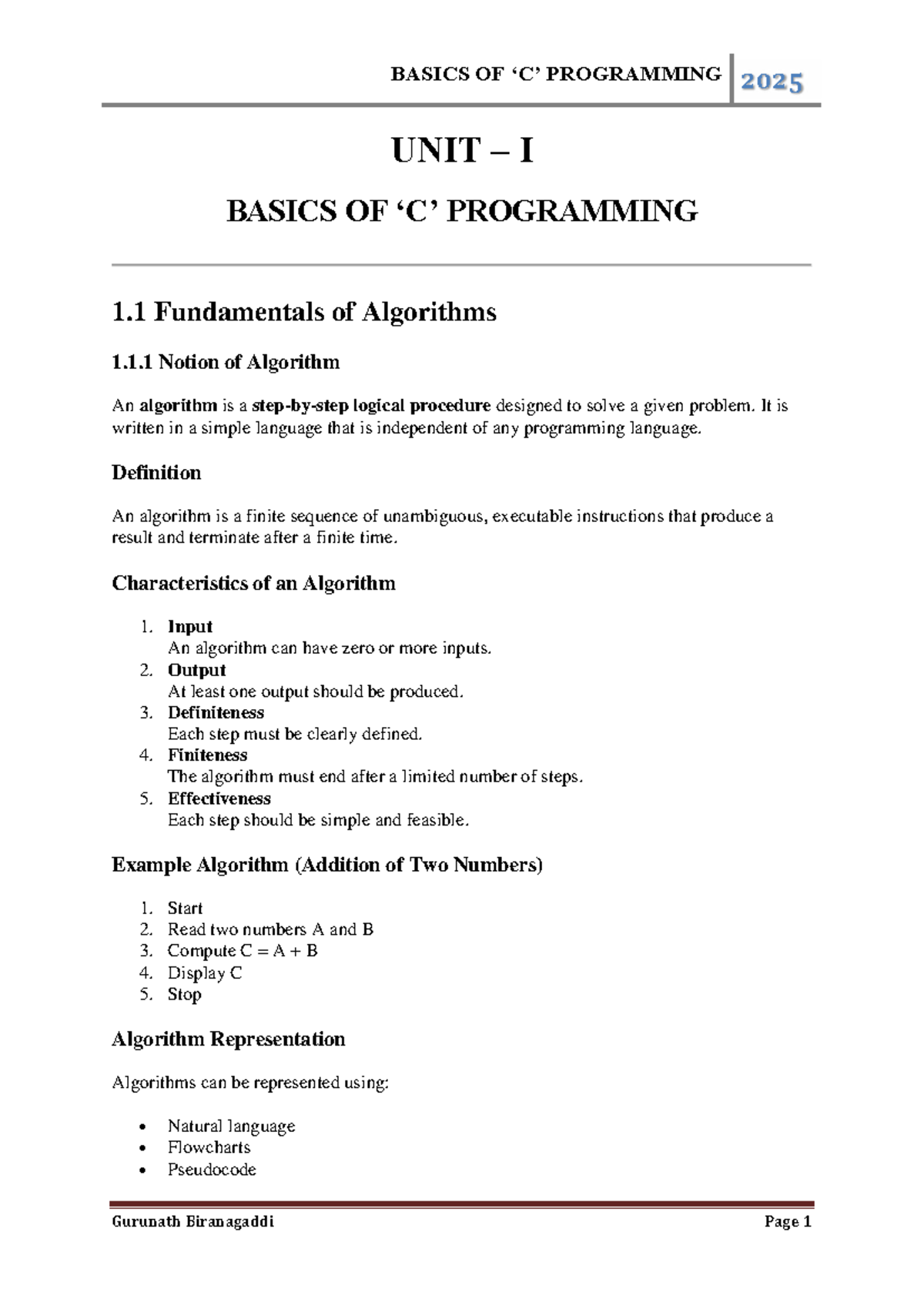 BASICS OF PROGRAMMING 2025: UNIT I - Fundamentals of Algorithms and C ...