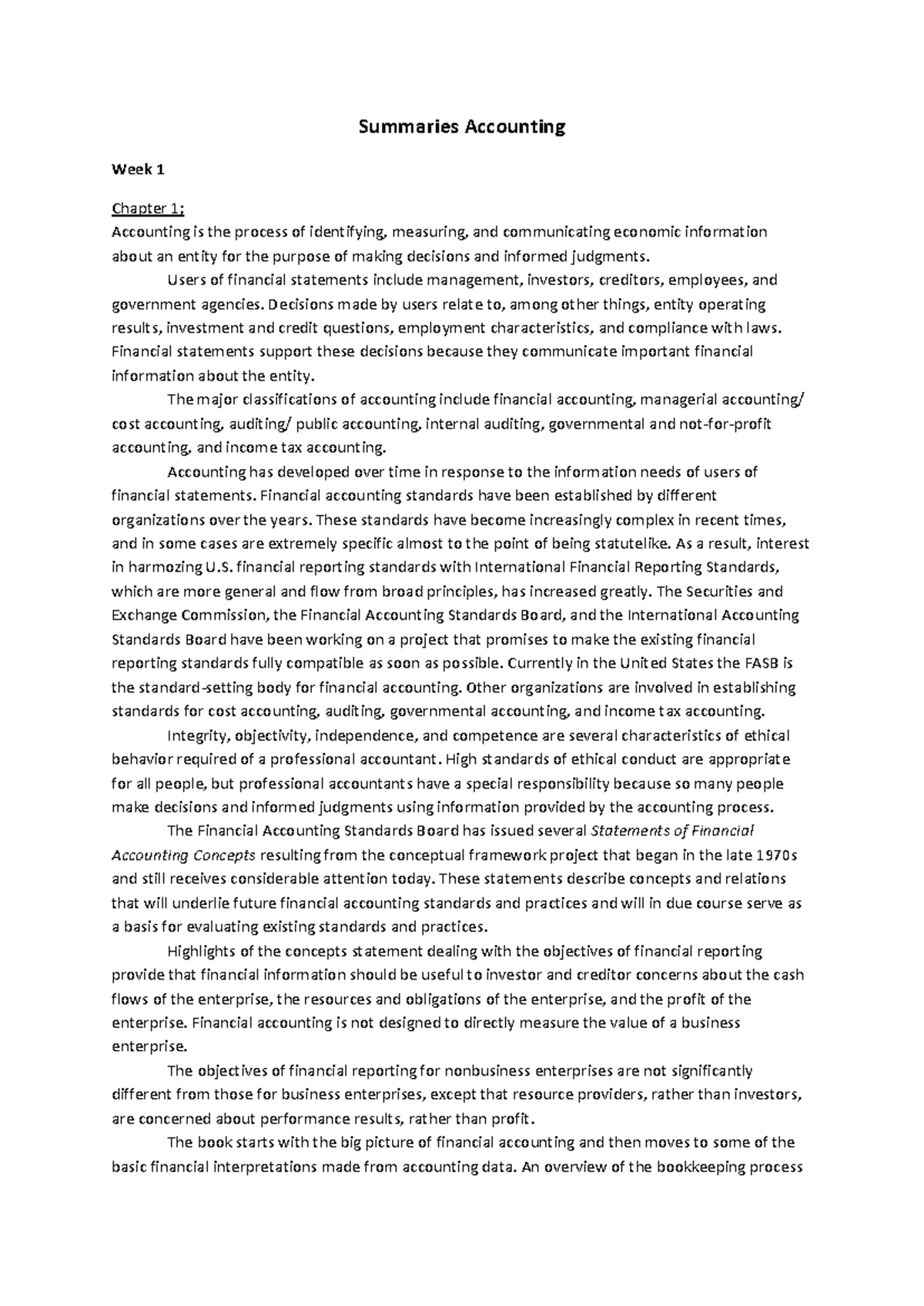 Summary of Key Accounting Concepts - ACCT 101 Lecture Notes - Studeersnel