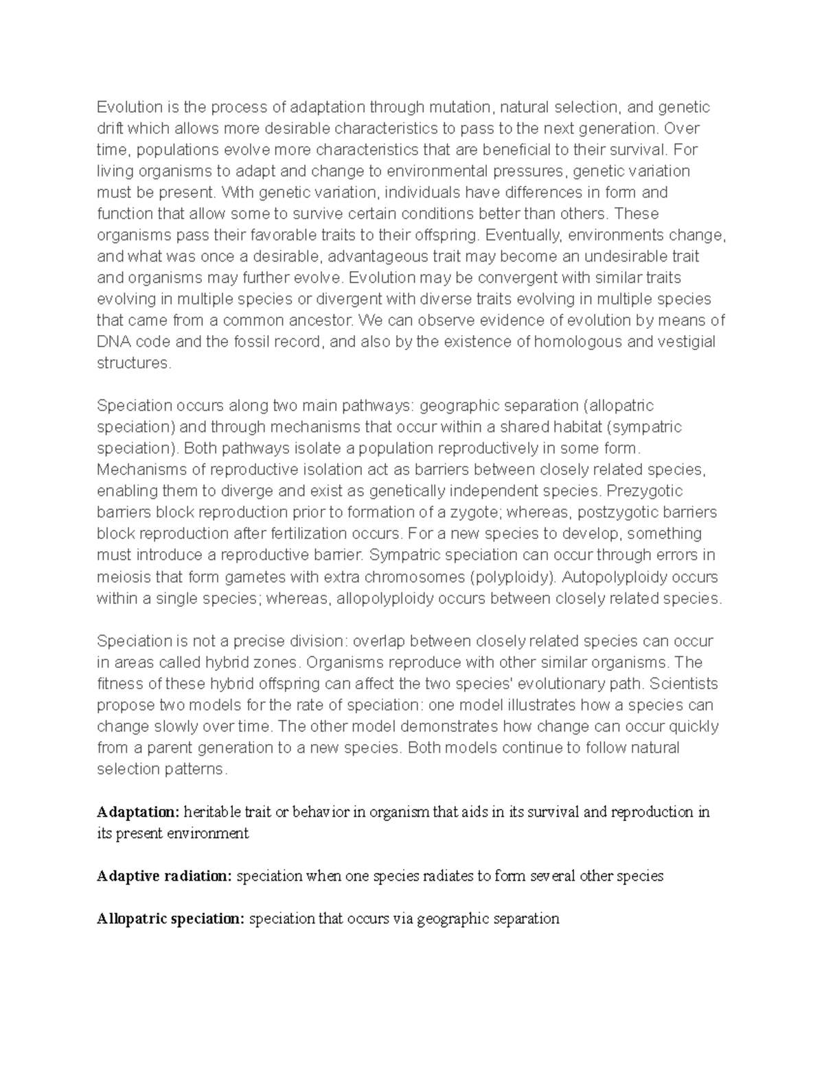 Exam 1 Bio Notes: Evolutionary Processes & Speciation (Ch. 18-20) - Studocu