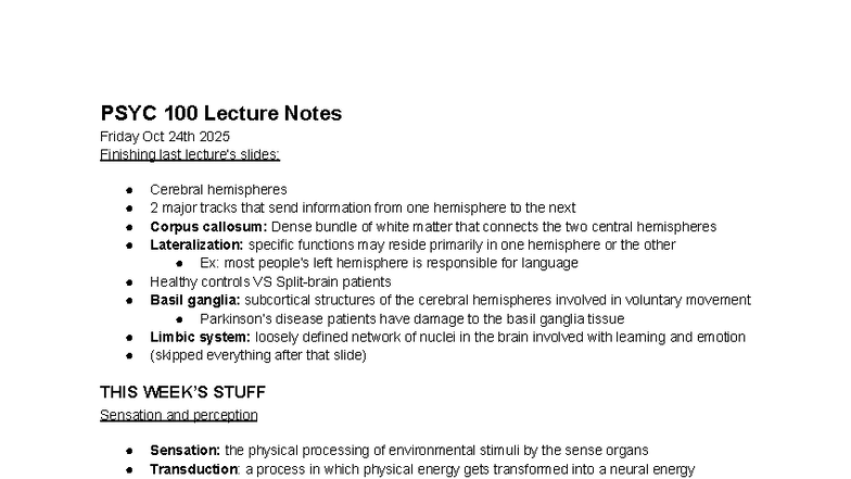 PSYC 100 Lecture Notes: Cerebral Hemispheres & Sensation/Perception ...