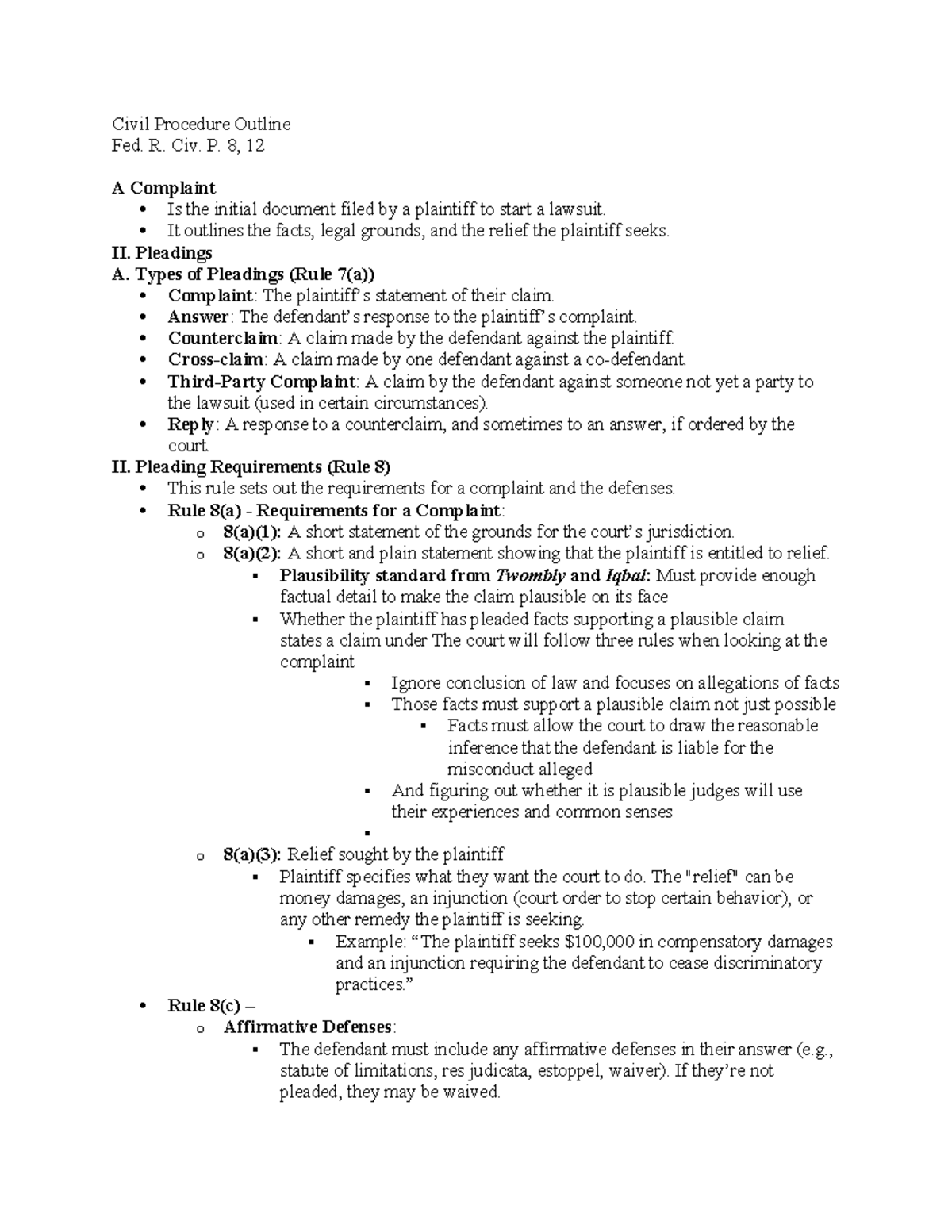 Civil Procedure Outline - R. Civ. P. 8, 12 A Complaint Is the initial ...