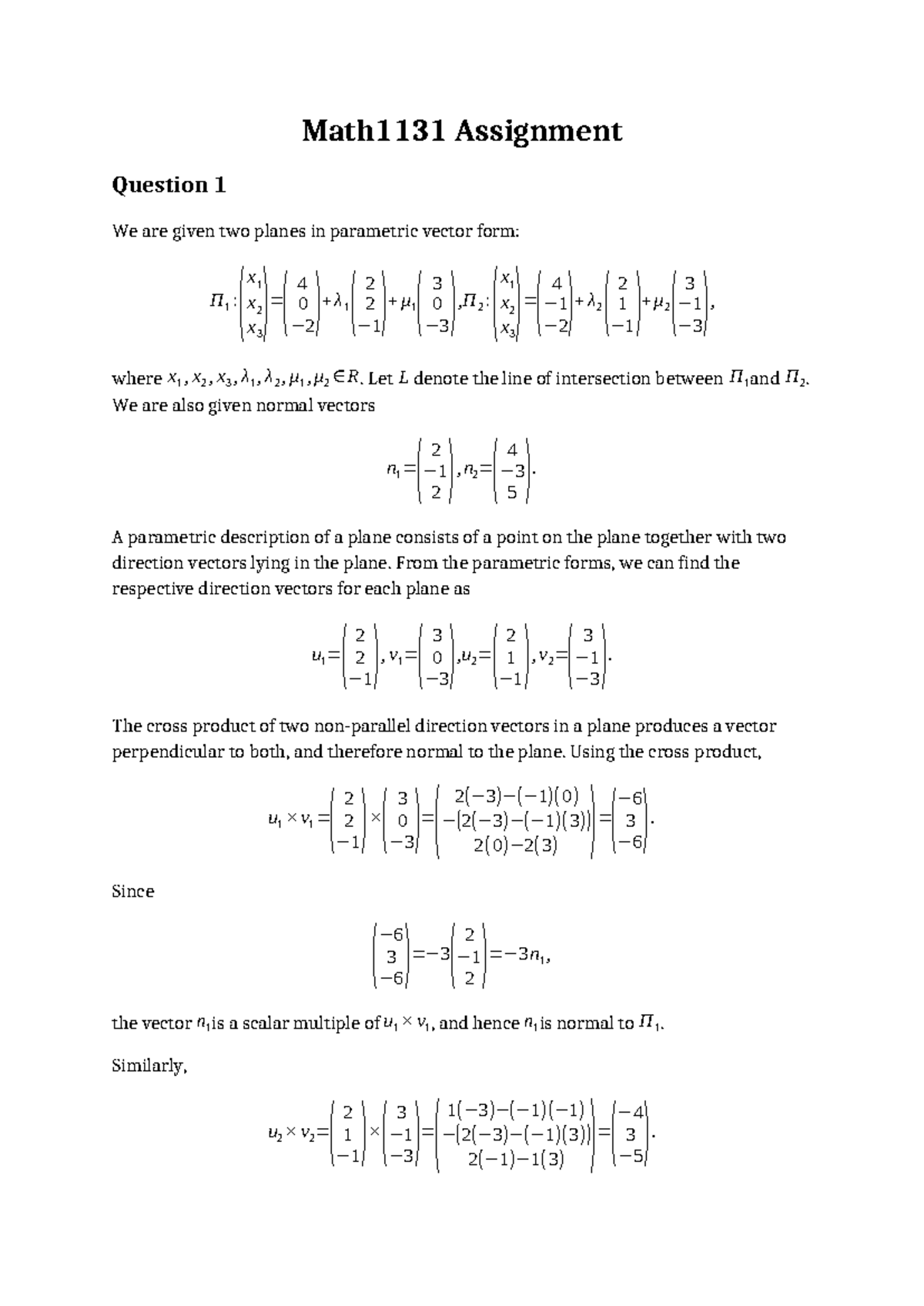 Math1131 Assignment Q1: Intersection of Planes and Power Analysis - Studocu