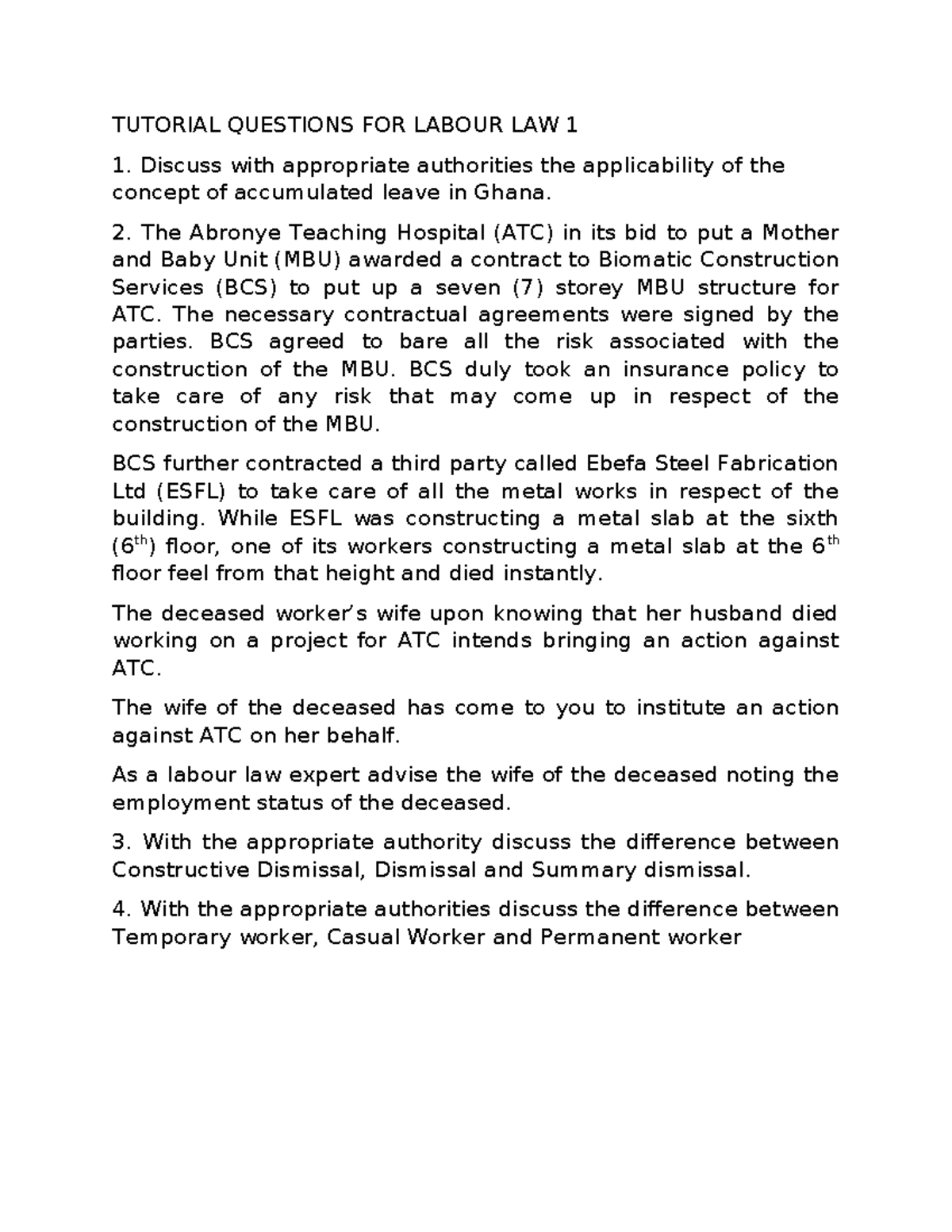 Labour Law 1: Tutorial Questions on Employment Issues and Cases - Studocu