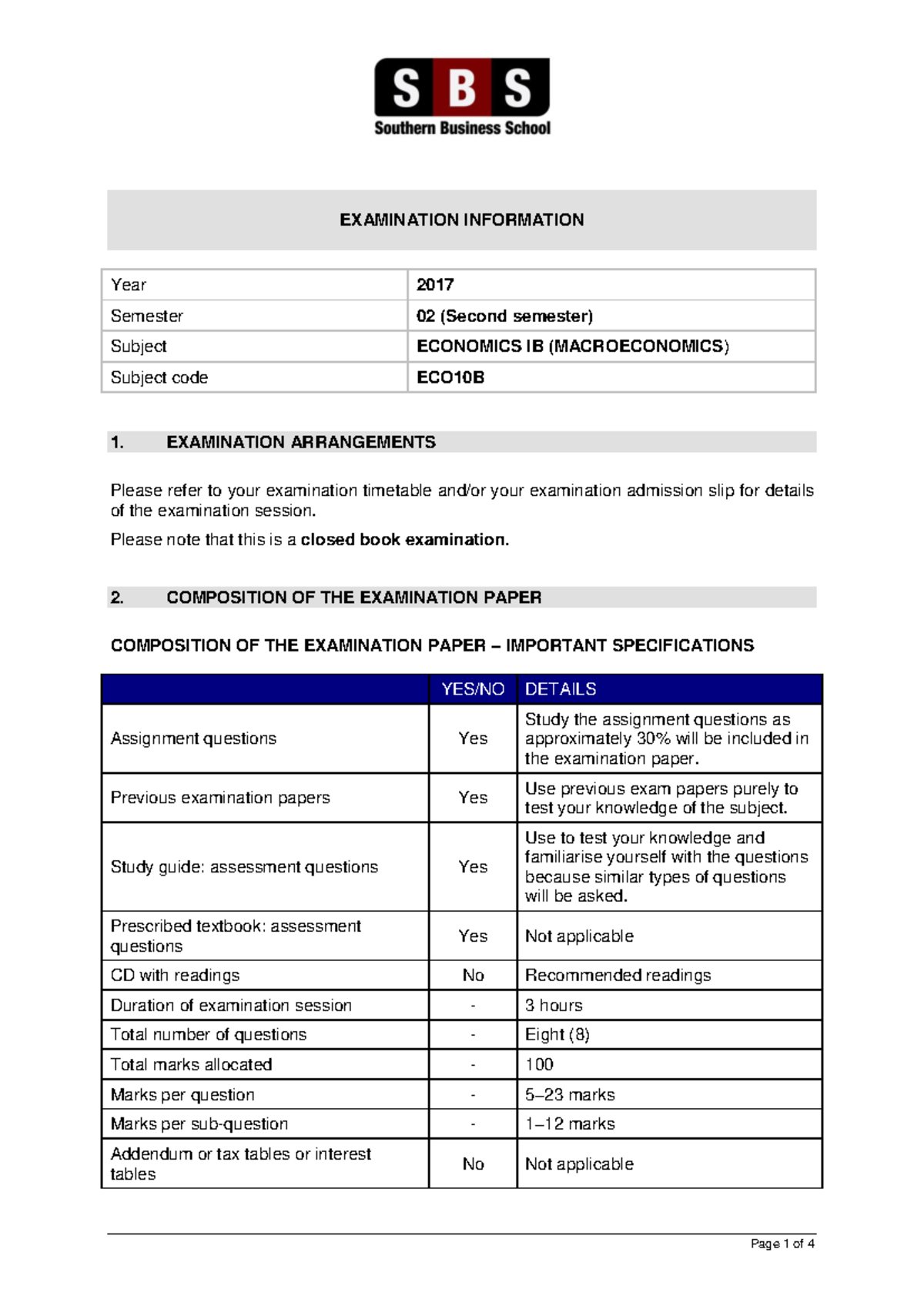 ECO10B 2017 02 EXAM INFO - EXAMINATION INFORMATION Year 2017 Semester ...