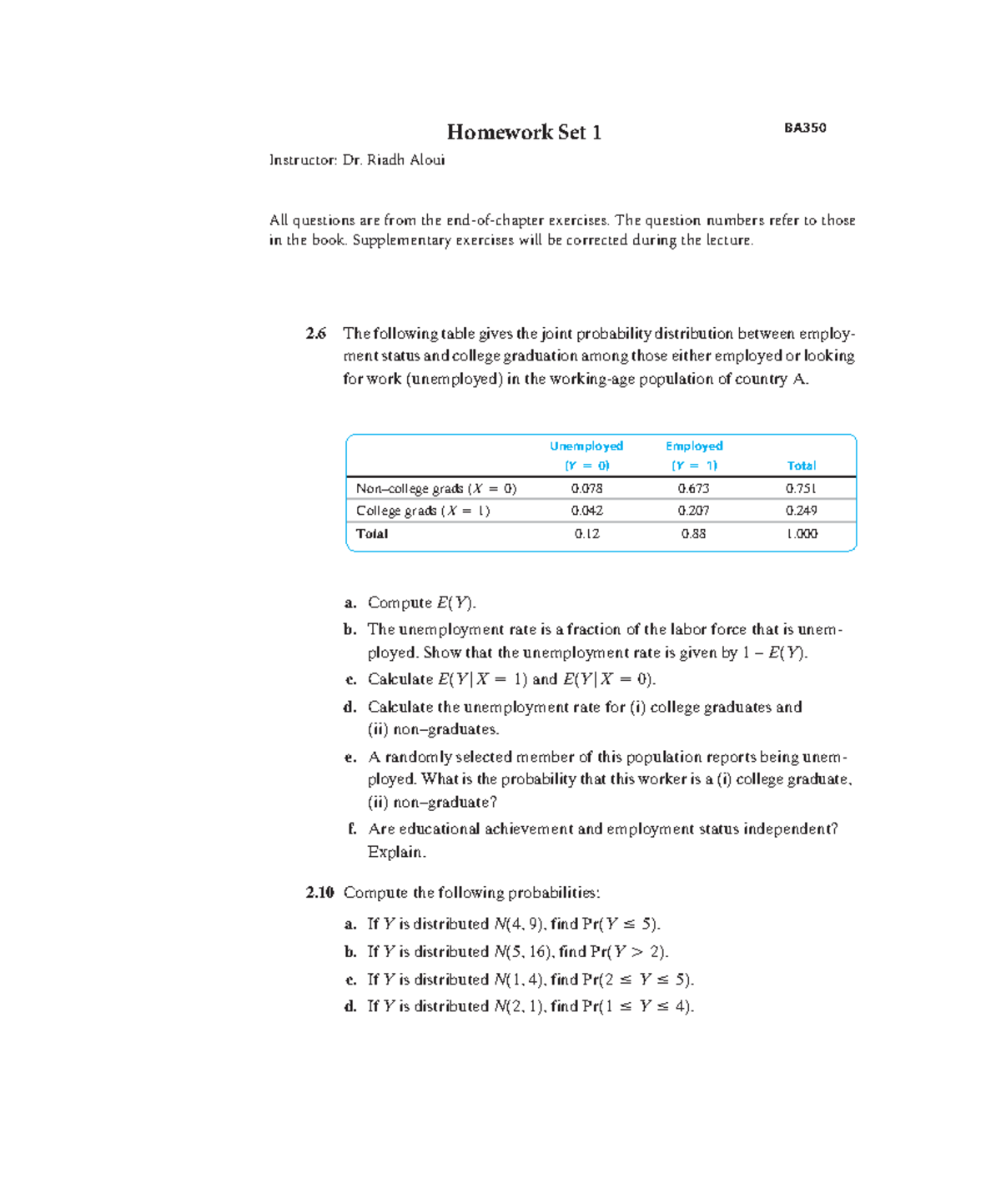 Homework 1 - Probability and Statistics Exercises (BA) - Studocu
