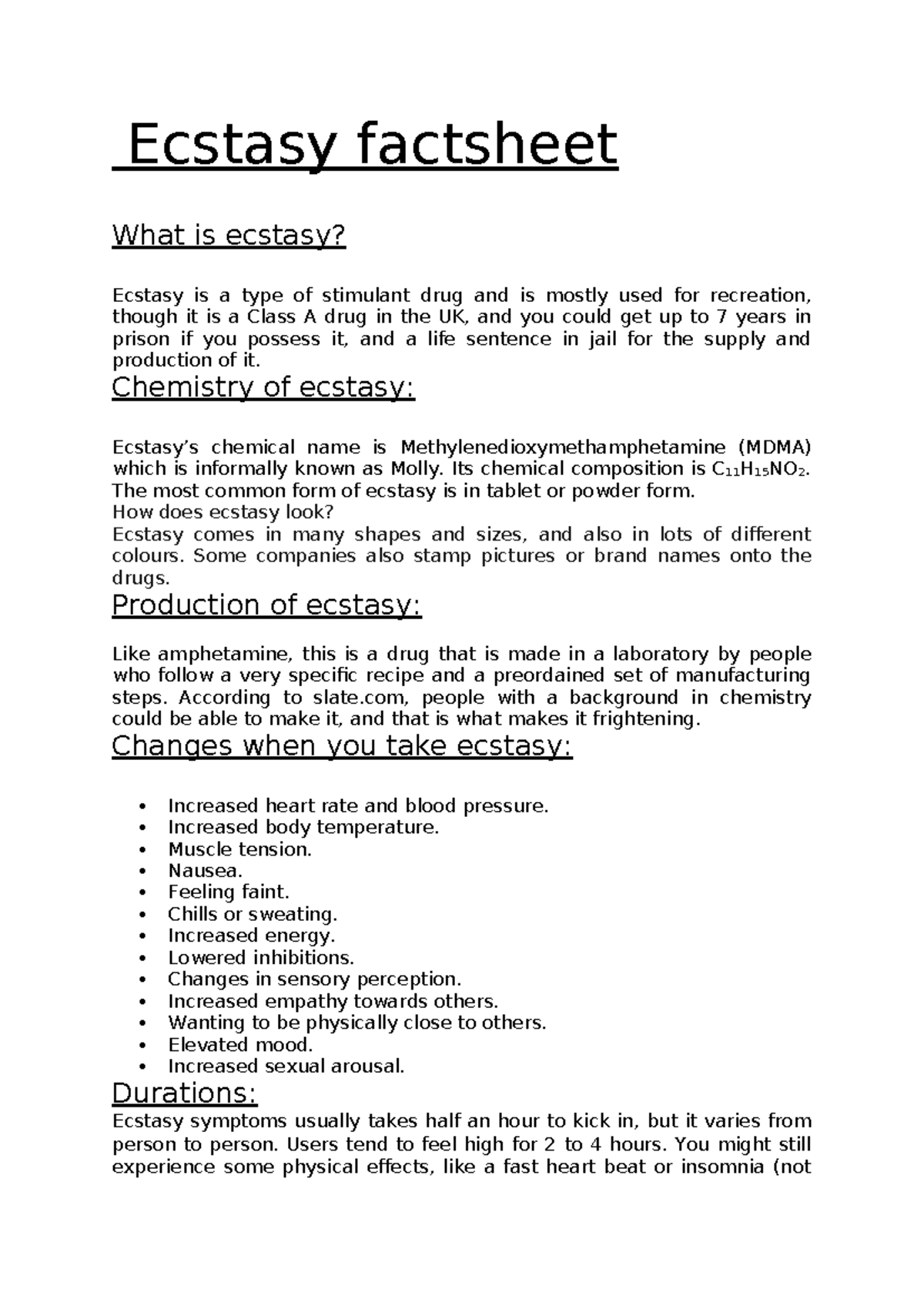 Ecstasy (MDMA) Factsheet: Chemistry, Effects & Legal Risks - Studocu