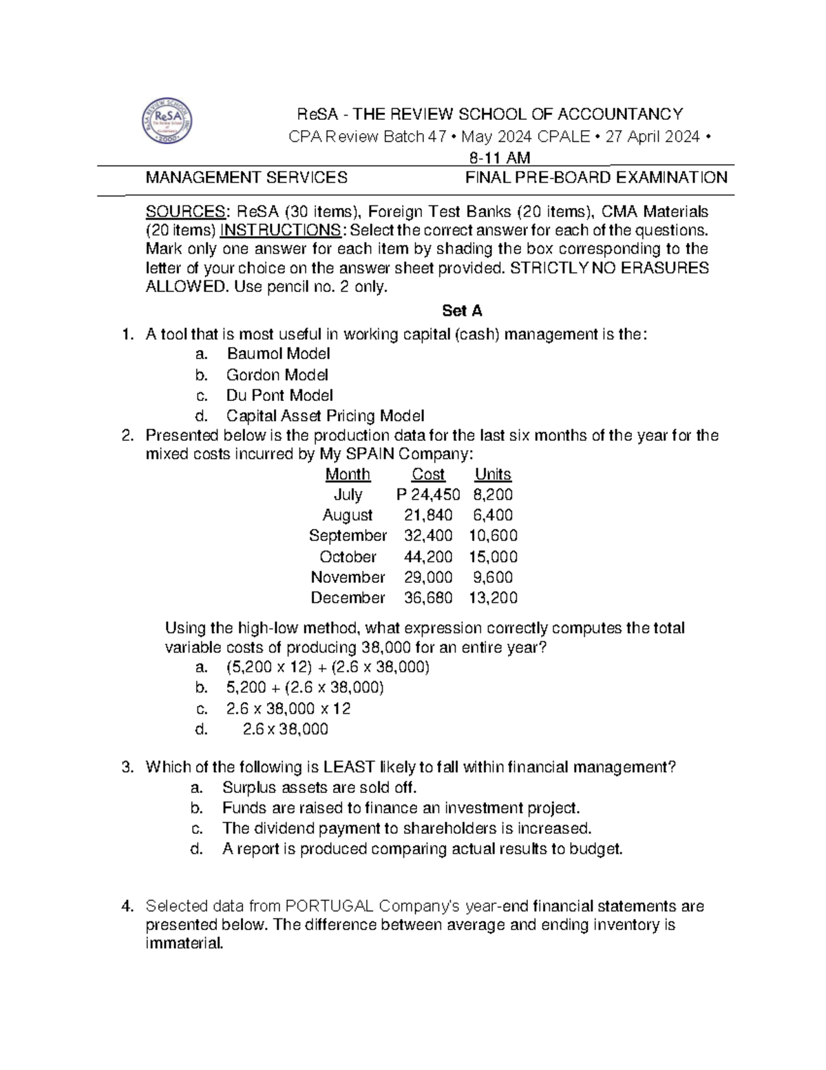 CPA Review Batch 47: Preboard Exam Sources for May 2024 - Studocu