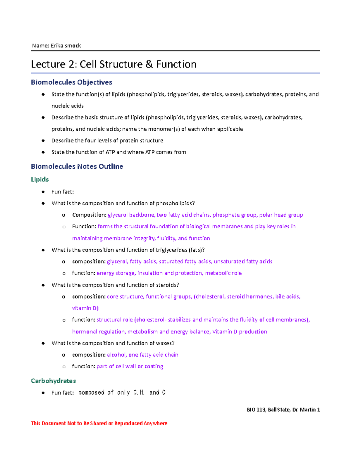 Biomolecules & Cell Structure Lecture Notes for BIO113 with Dr. Martin ...