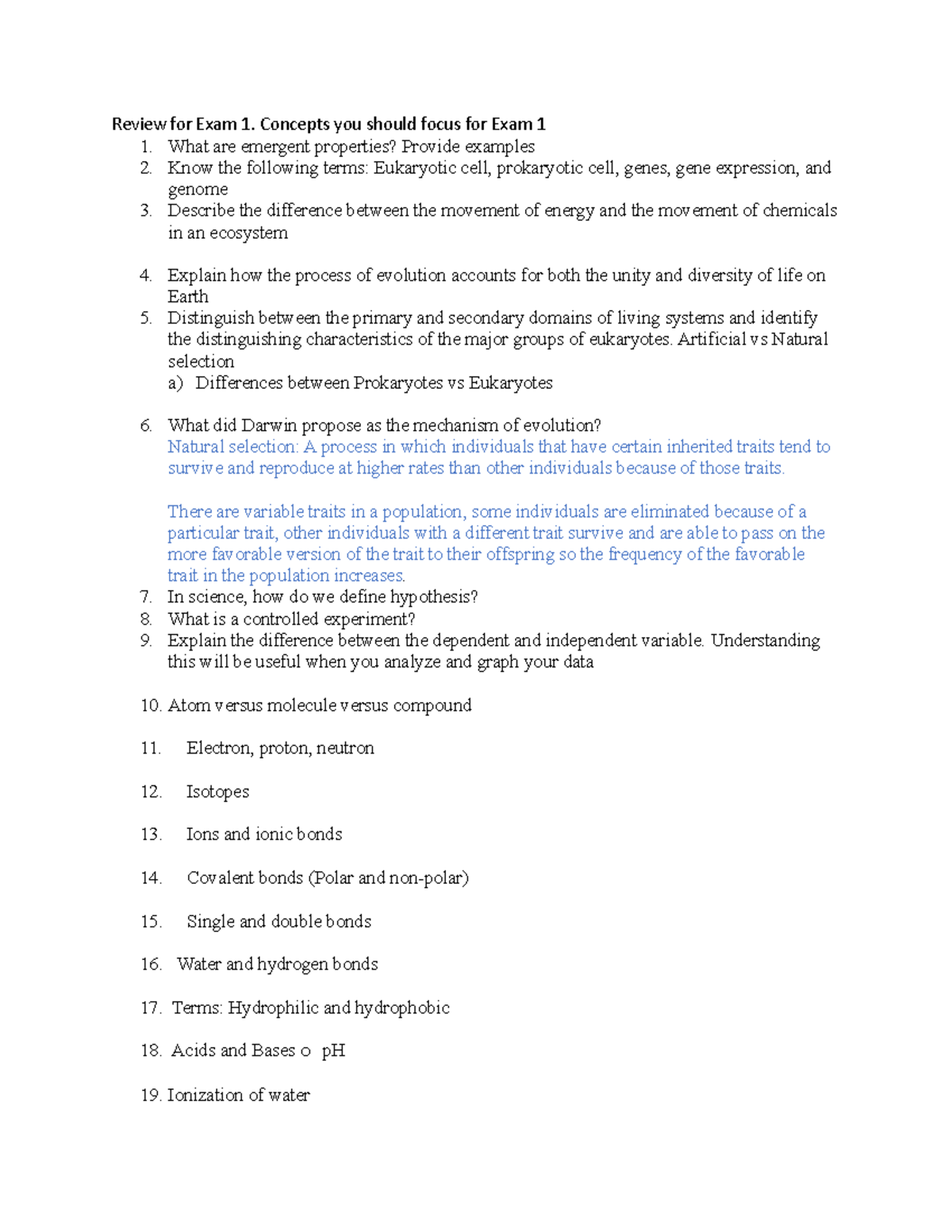 Biology 101: Lecture Exam 1 Review - Key Concepts and Terms - Studocu