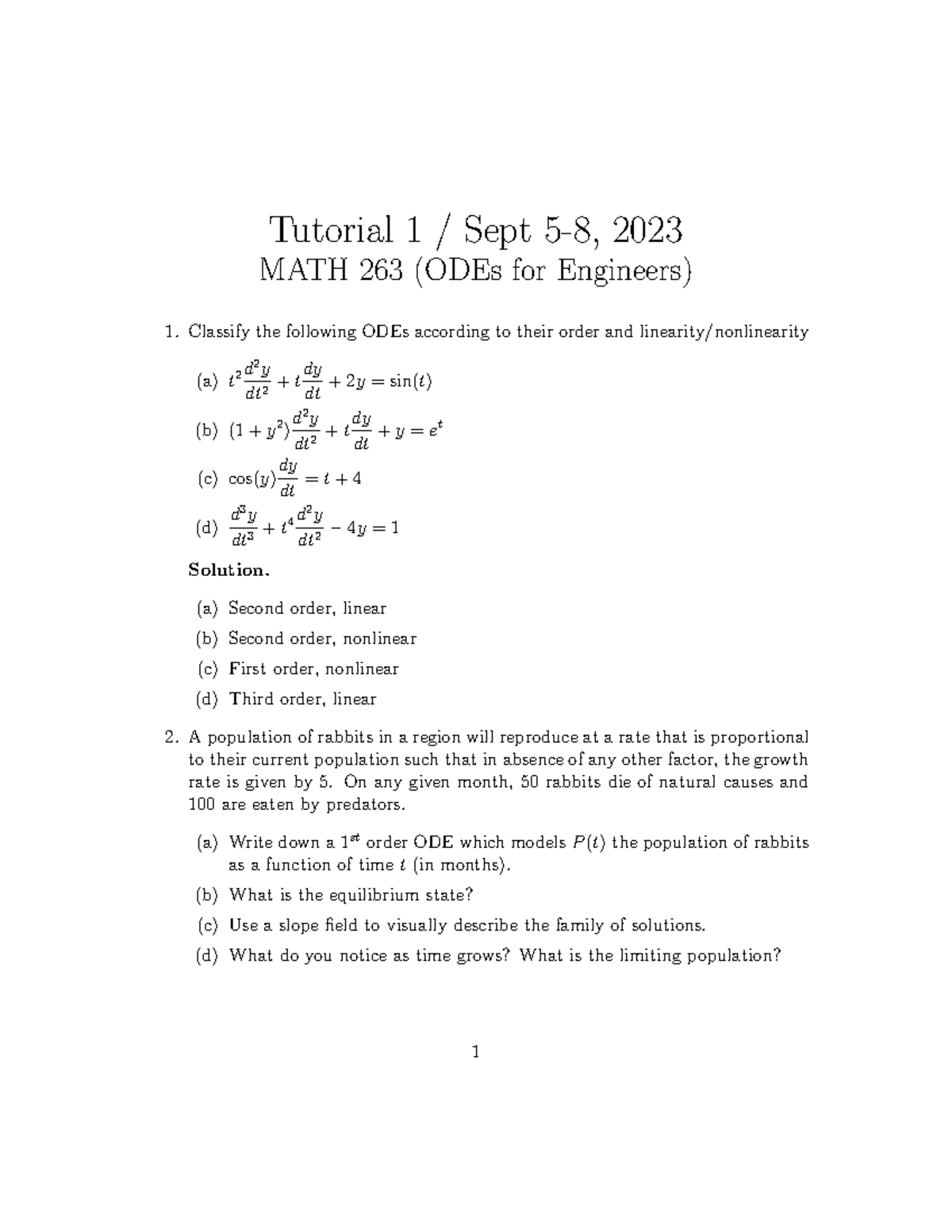 MATH 263 Tutorial 1: Classifying ODEs & Population Dynamics - Studocu