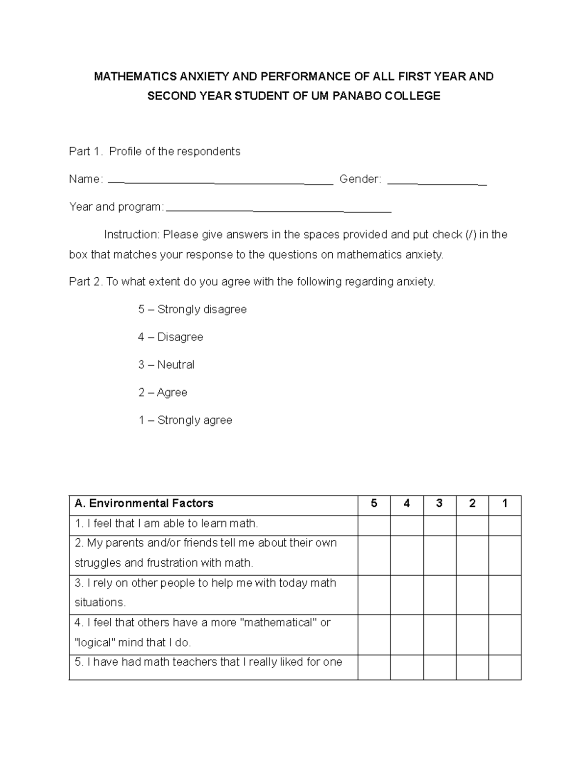 MAT 101: Mathematics Anxiety & Academic Performance Survey - Studocu