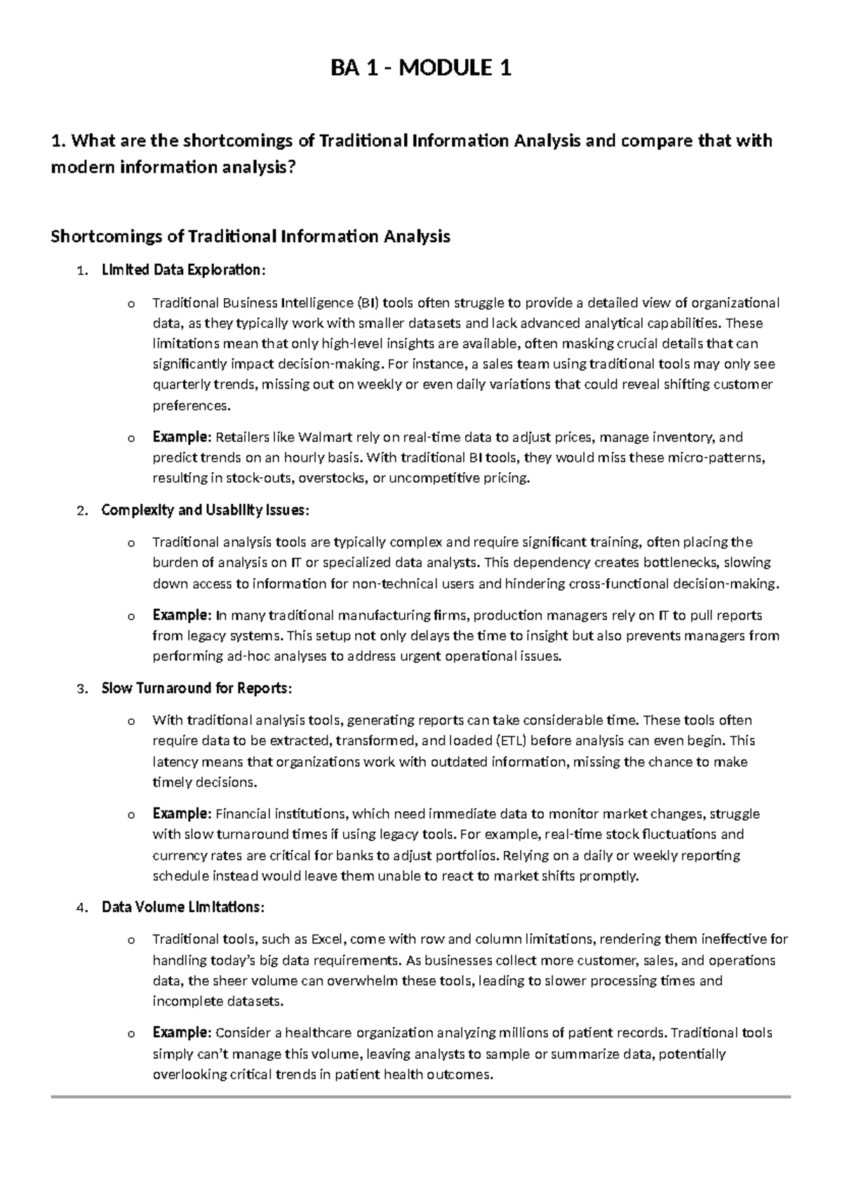 BA 1 Module 1 - HD - Mba - BA 1 - MODULE 1 1. What are the shortcomings ...