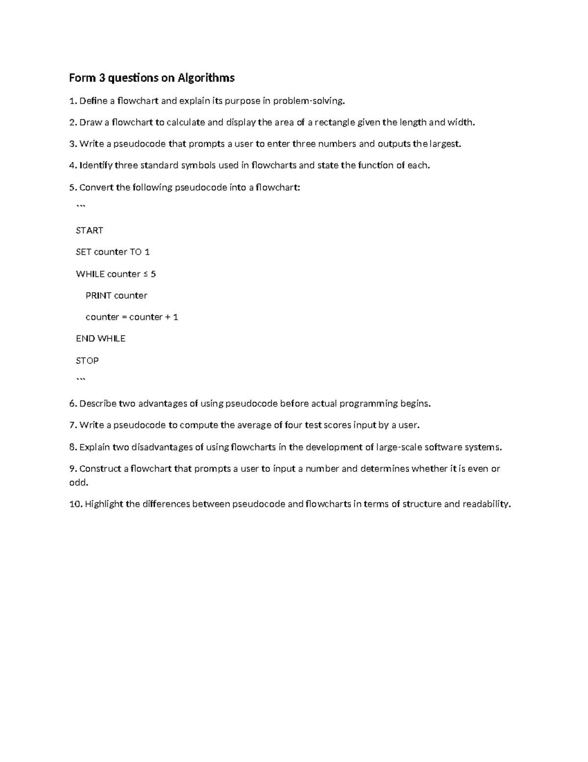 Form 3 Algorithms Questions: Flowcharts & Pseudocode - Studocu