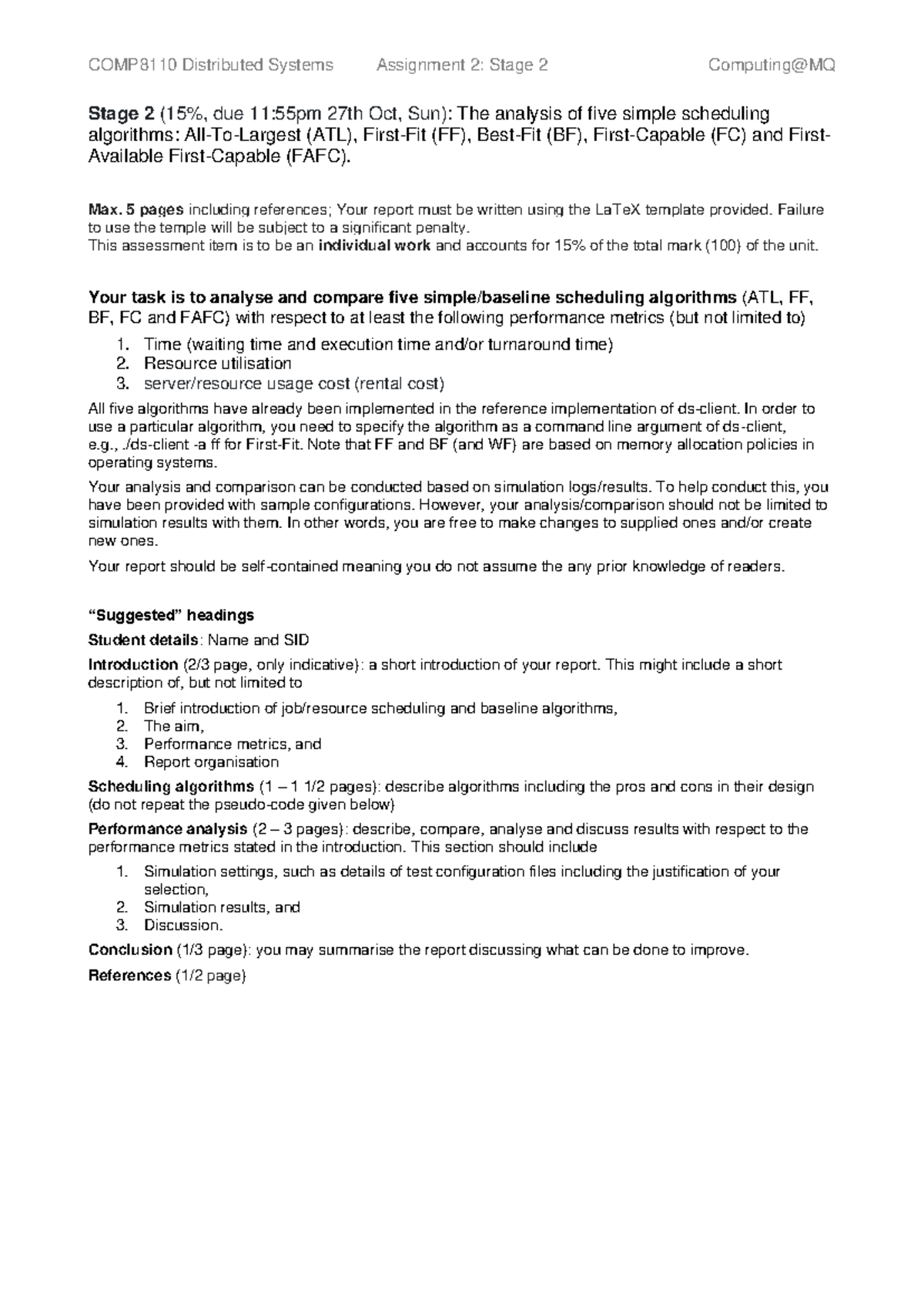 COMP8110 Distributed Systems Assignment 2: Scheduling Algorithms ...