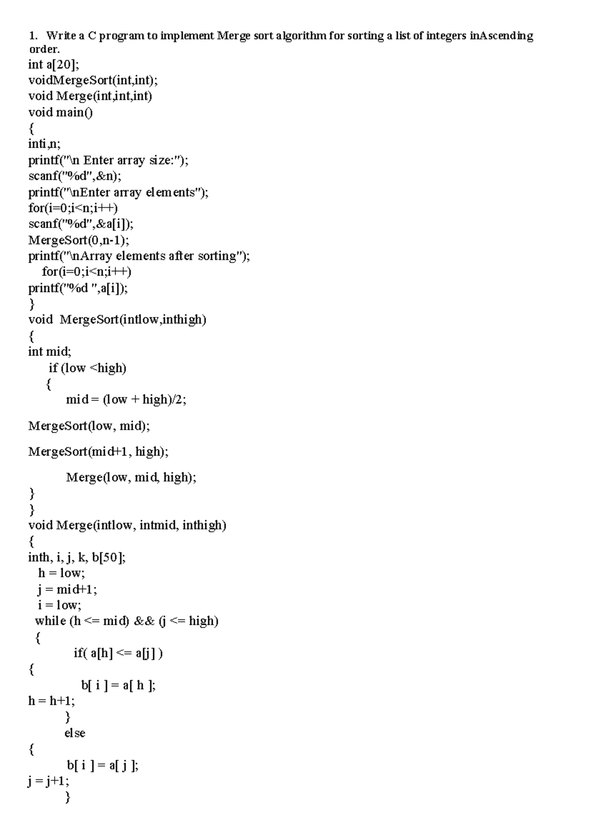 DAA programs - Write a C program to implement Merge sort algorithm for ...