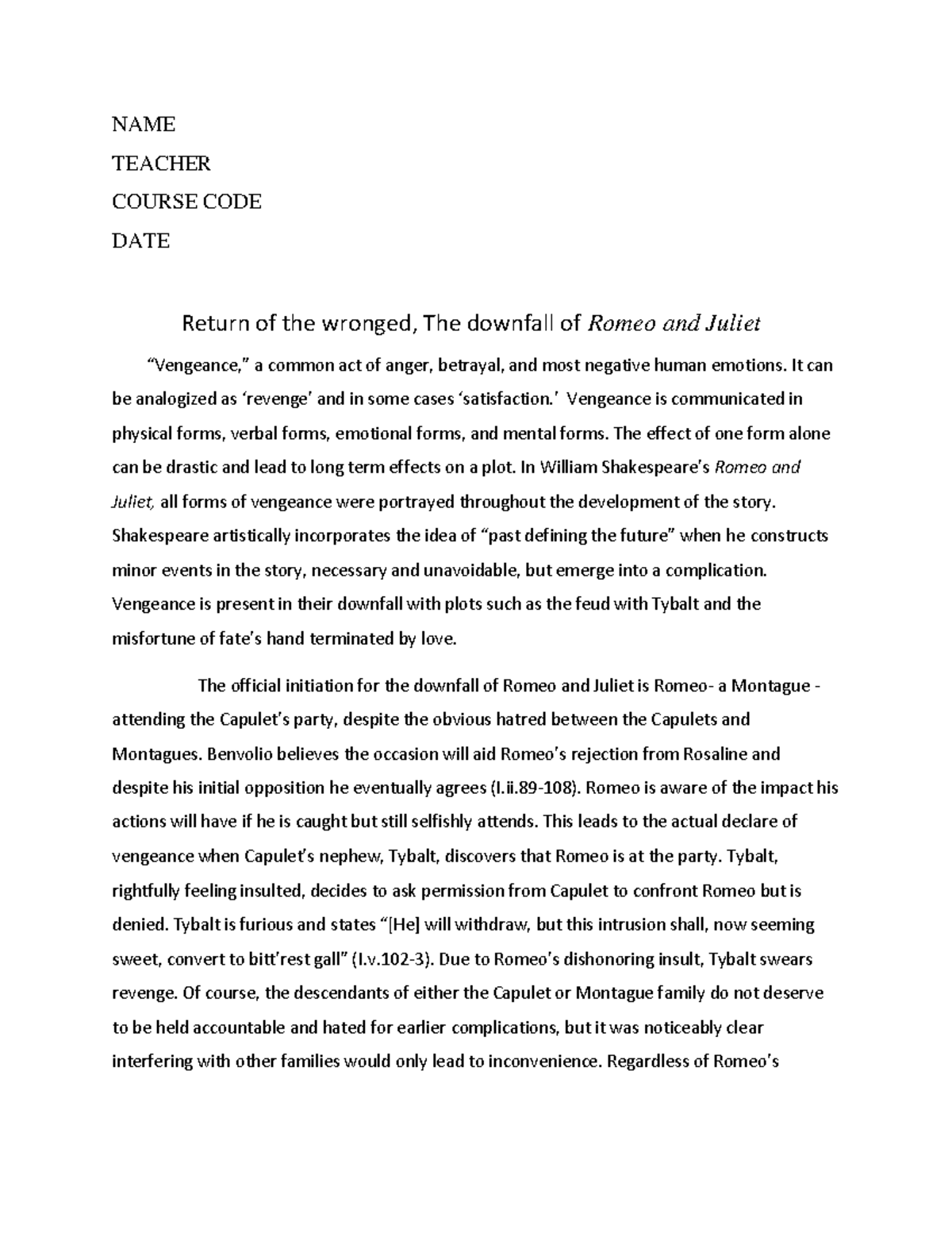 ENG 201: Essay on Vengeance in Shakespeare's Romeo and Juliet - Studocu