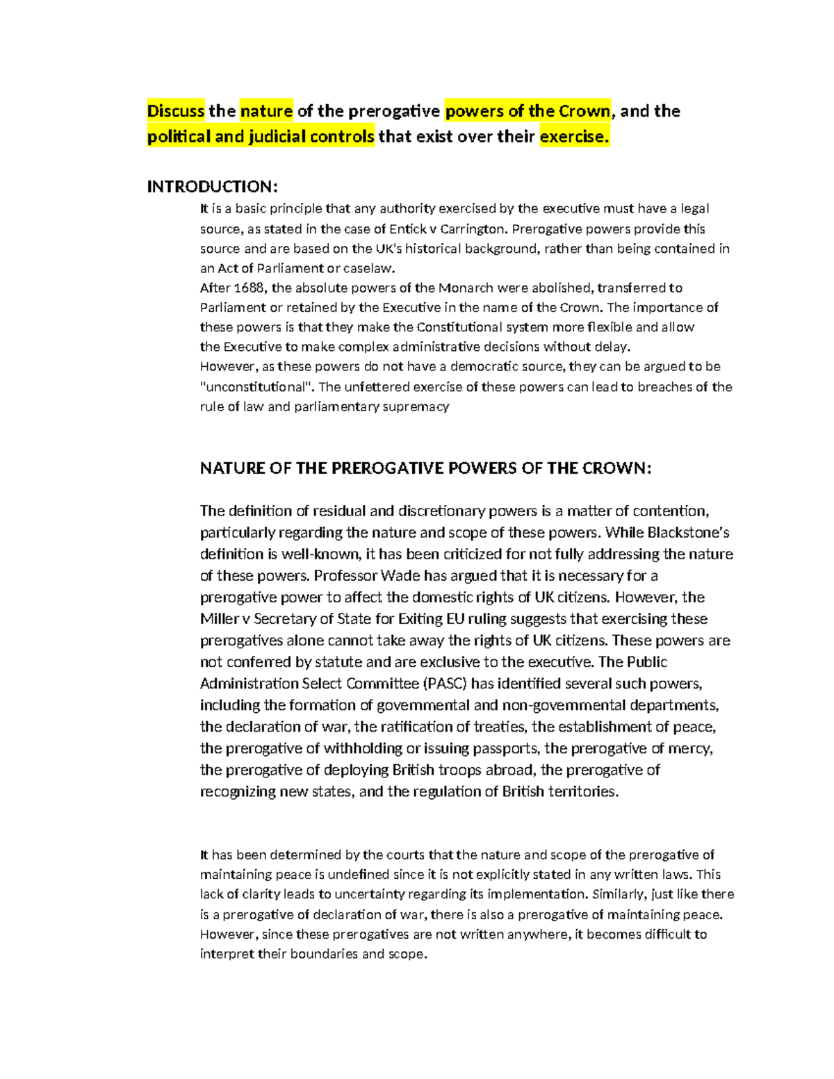 Prerogative Powers: An Analysis of Controls - PUBLIC LAW ESSAY - Studocu