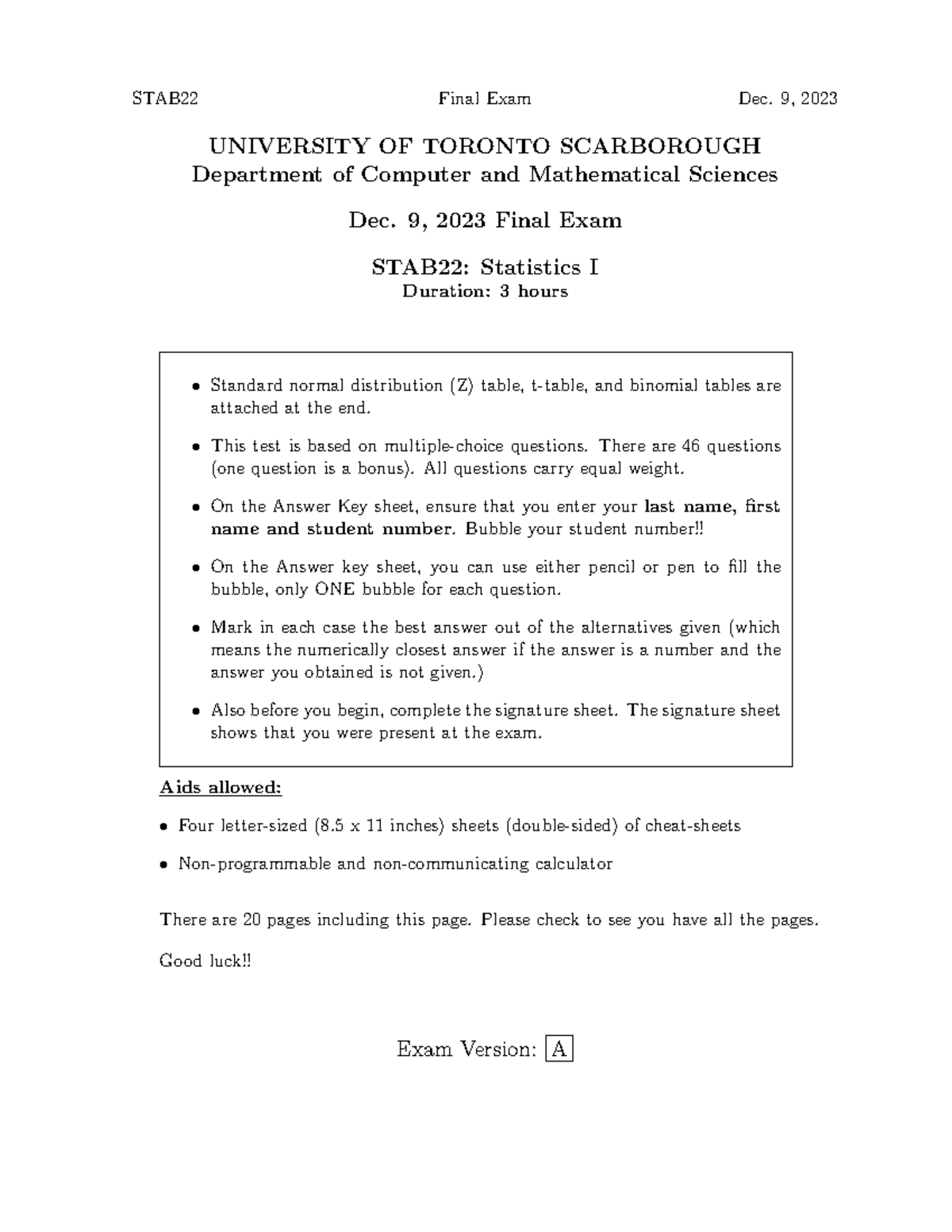 STAB22 Fall 2023 Final Exam - Version A Overview and Guidelines - Studocu