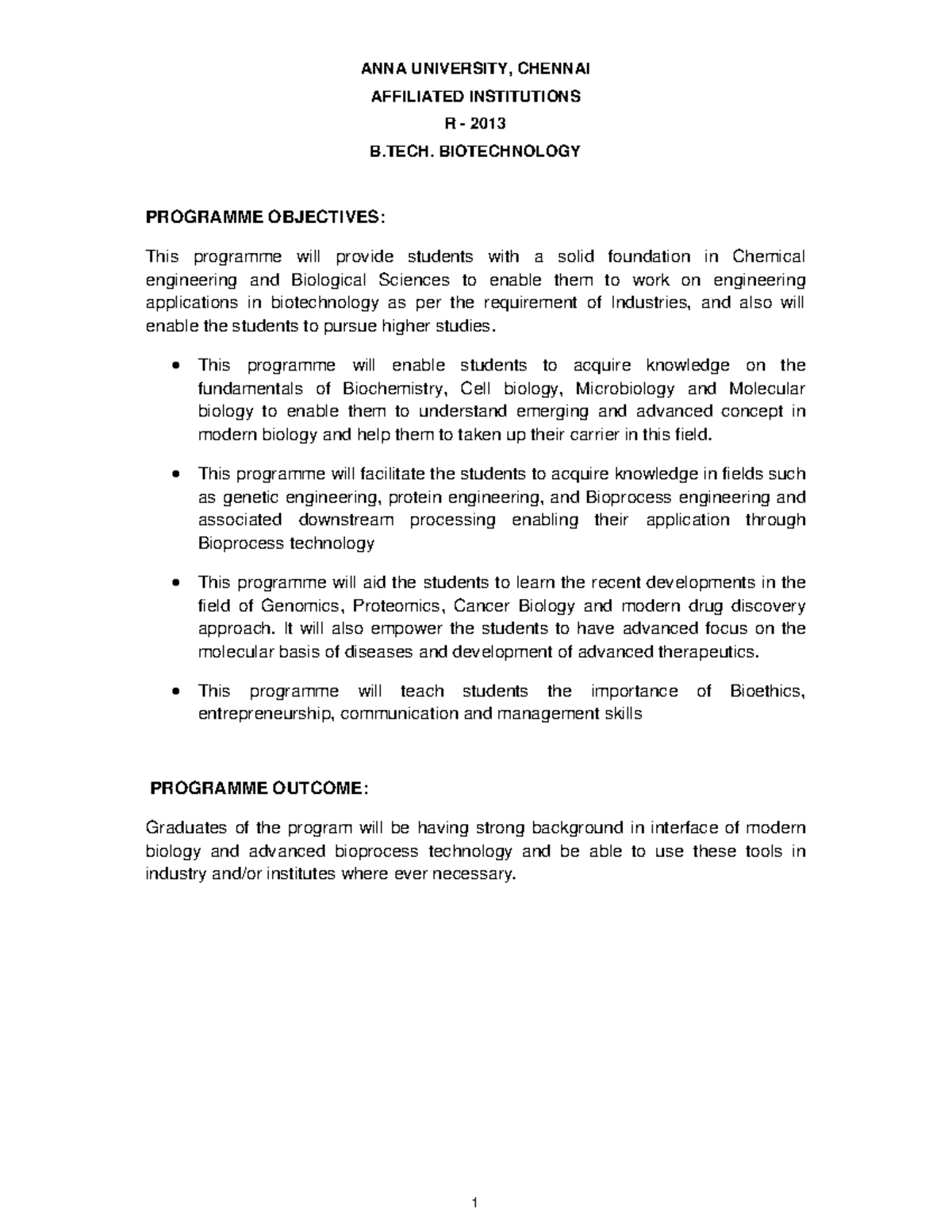 B.TECH. BIOTECHNOLOGY PROGRAMME OBJECTIVES & CURRICULUM (R 2013) - Studocu