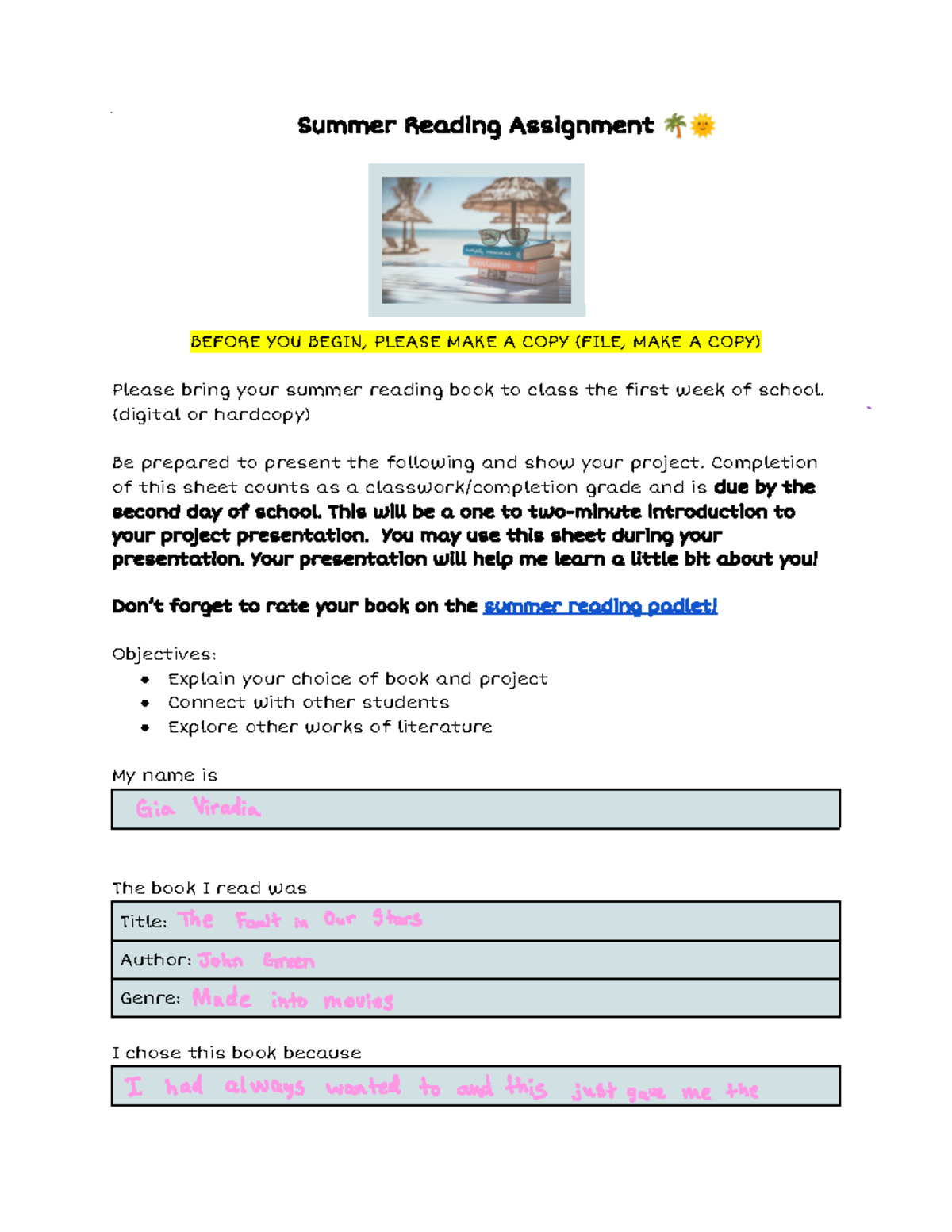 Summer Reading Presentation Worksheet Summer Reading Assignment