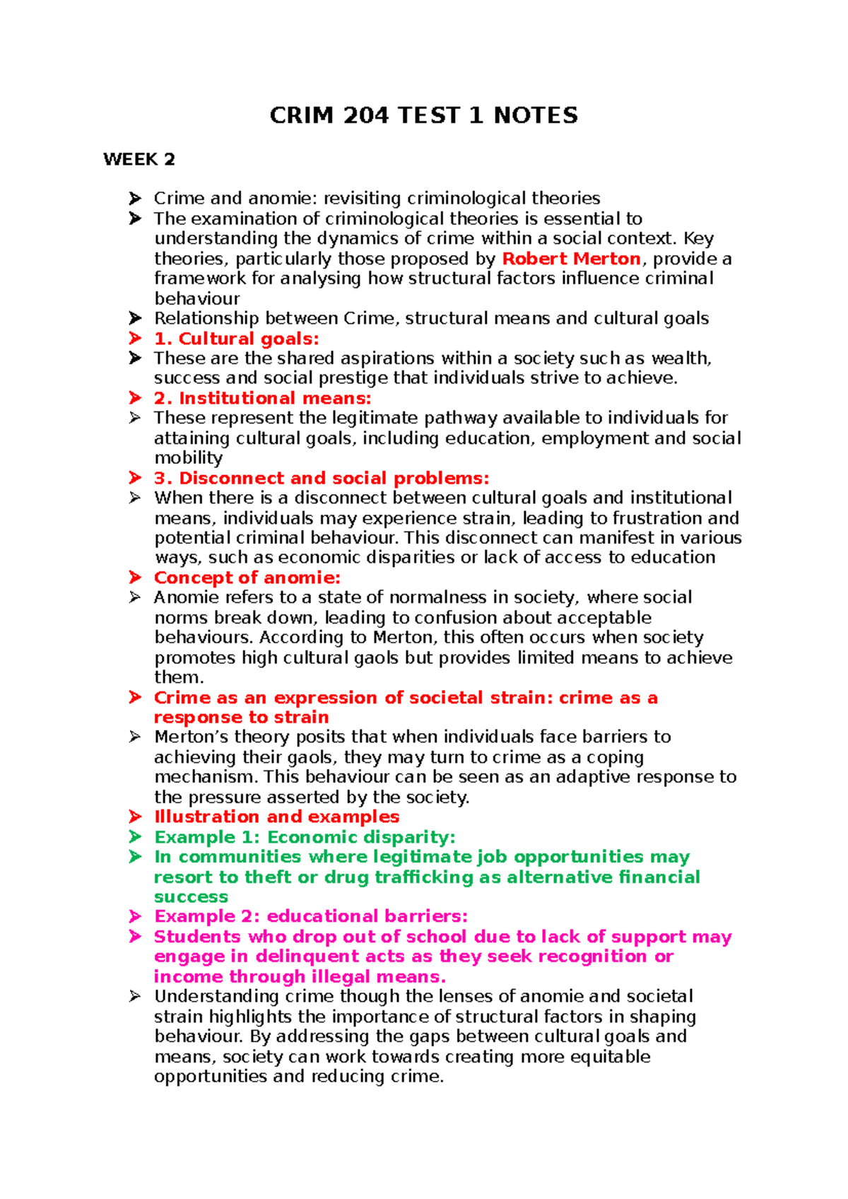 CRIM 204 TEST 1 NOTES: Crime, Anomie, and Criminological Theories - Studocu