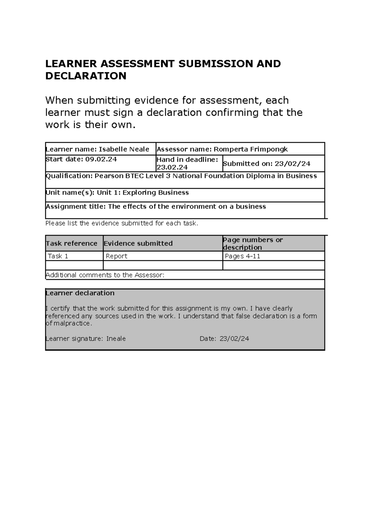 Business unit 1 LOCD assignment 2 - LEARNER ASSESSMENT SUBMISSION AND ...