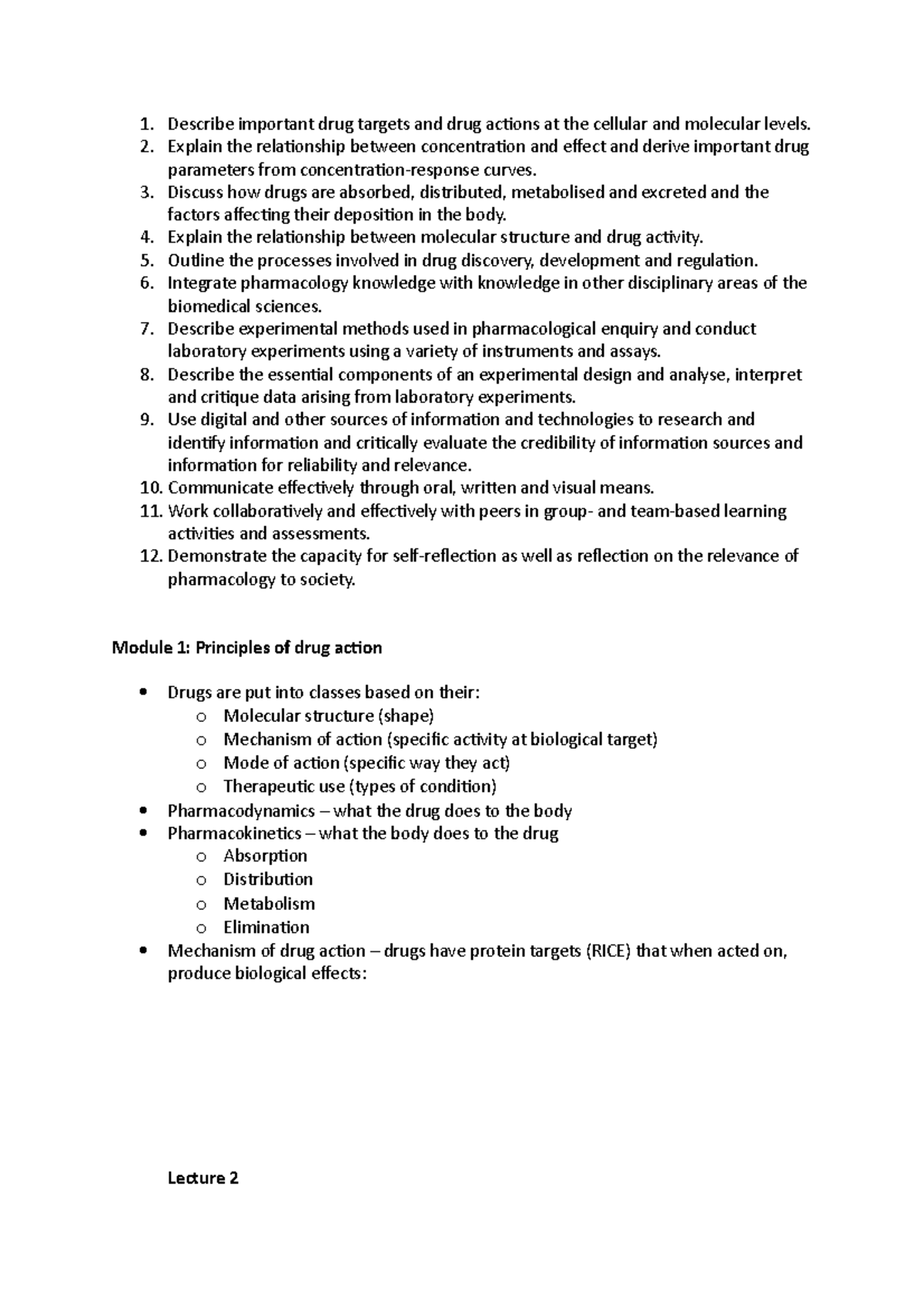 PCOL2021 Lecture Notes: Key Concepts in Pharmacology Principles - Document Preview