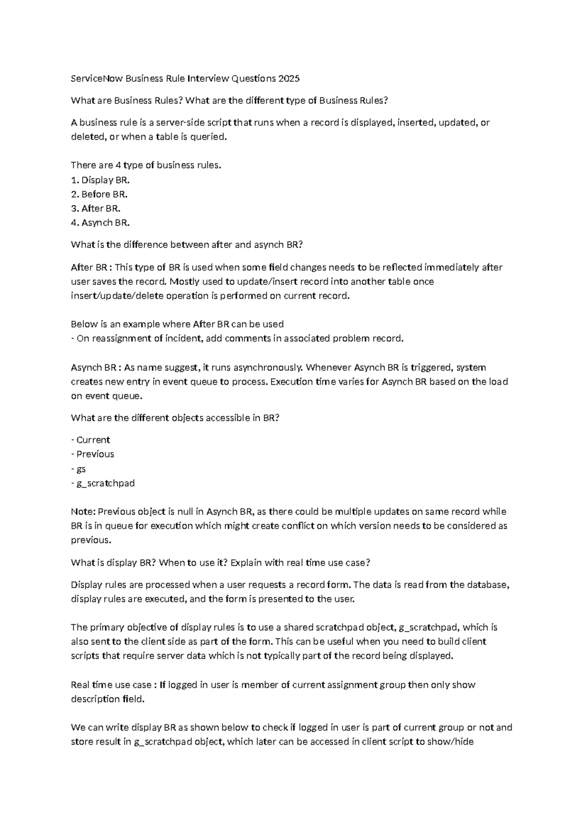 ServiceNow Business Rule Interview Questions & Answers 2025 - Studocu
