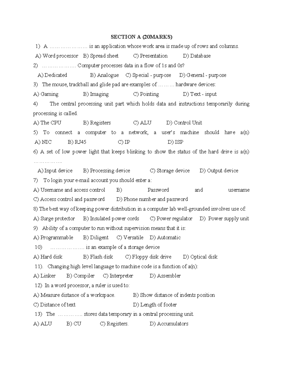 Question Paper Computer Fundamentals - SECTION A (20MARKS) 1) A ...