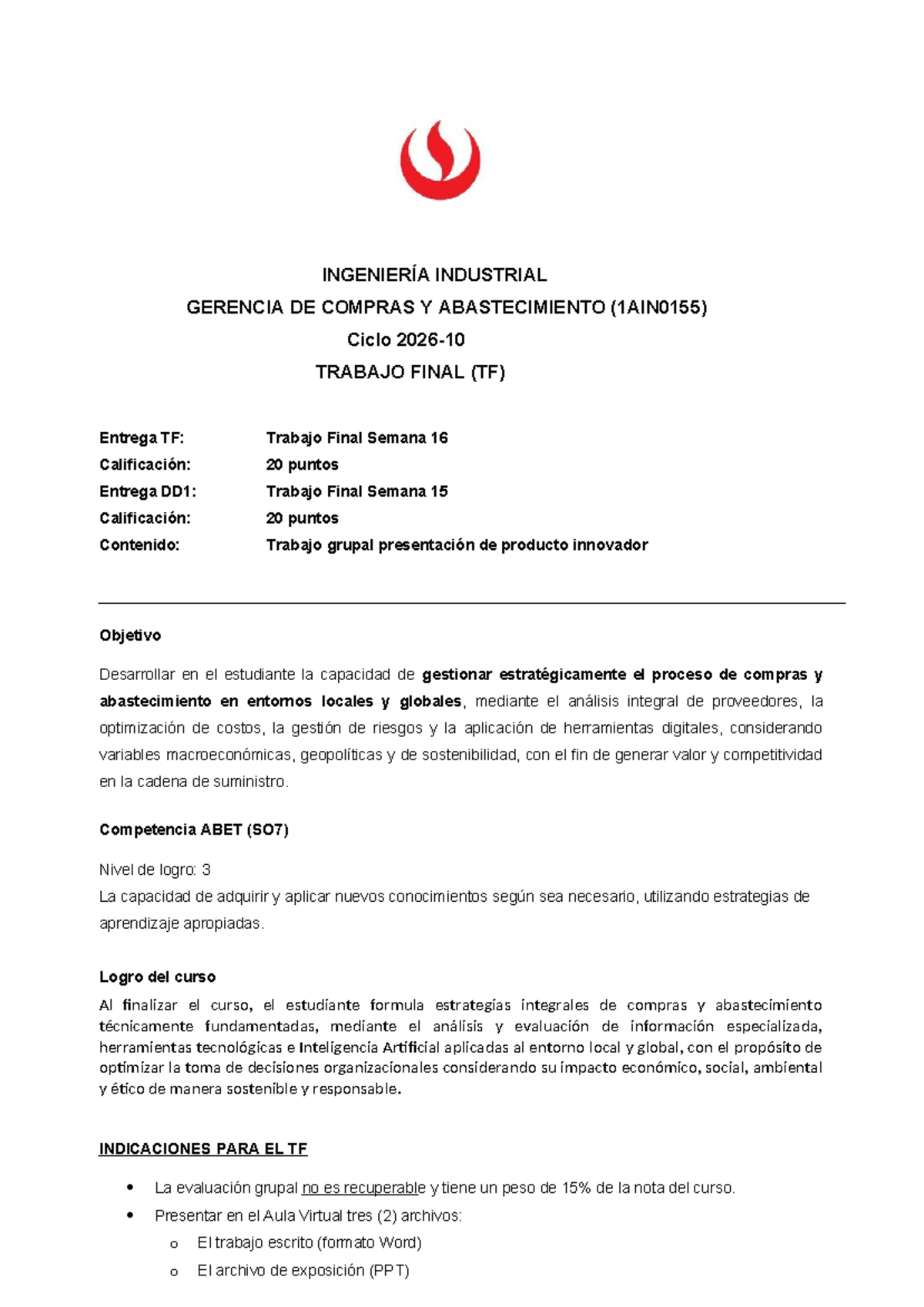 Trabajo Final de Compras y Abastecimiento 1AIN0155 - Ciclo 202610 - Studocu