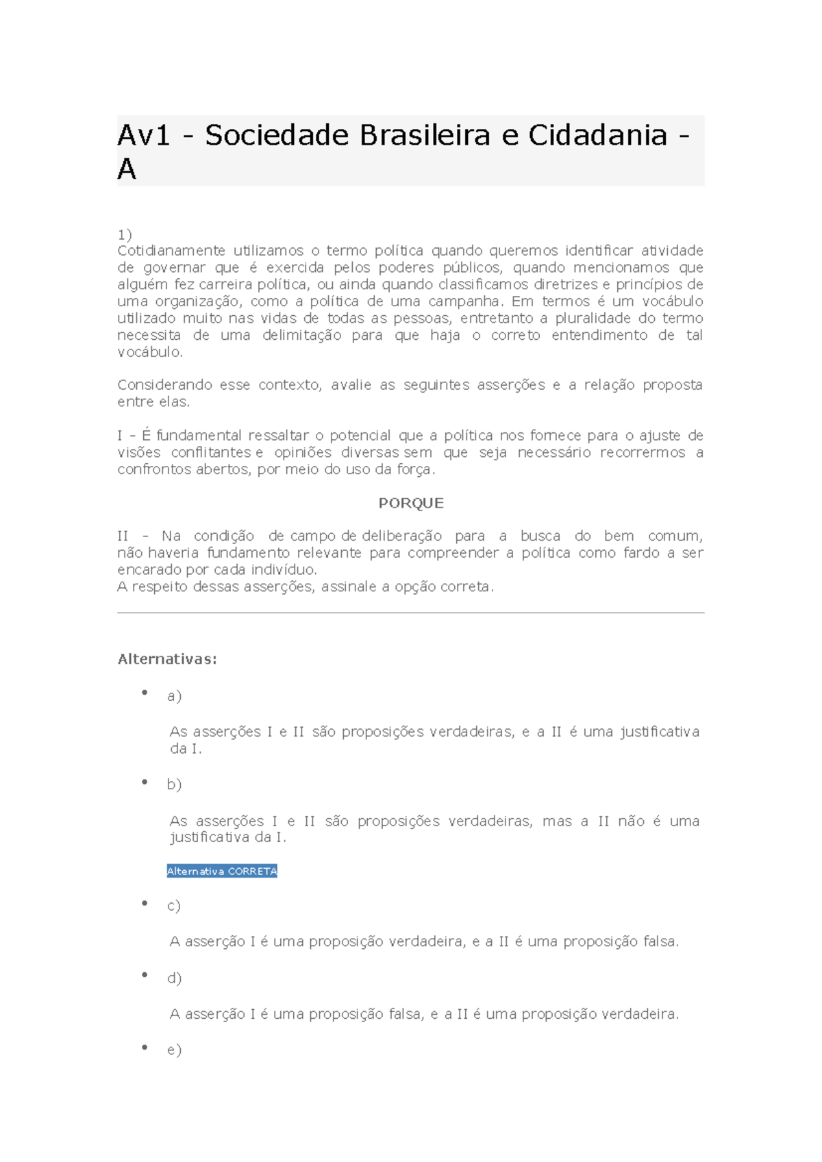 Av1 - Sociedade Brasileira e Cidadania - A - Análise das Asserções ...