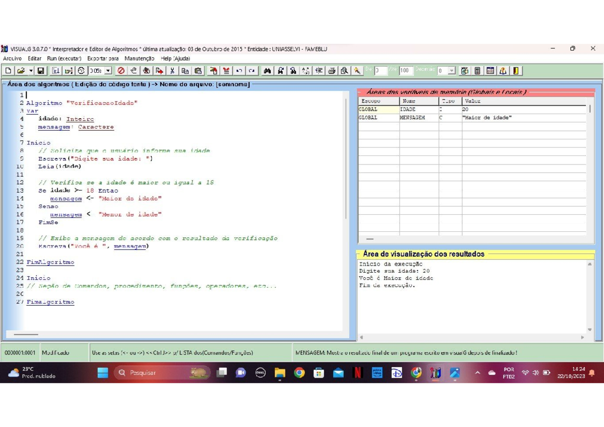 Relatório de Aula Prática: Algoritmos em VISUALG 3.0.7.0 - Studocu