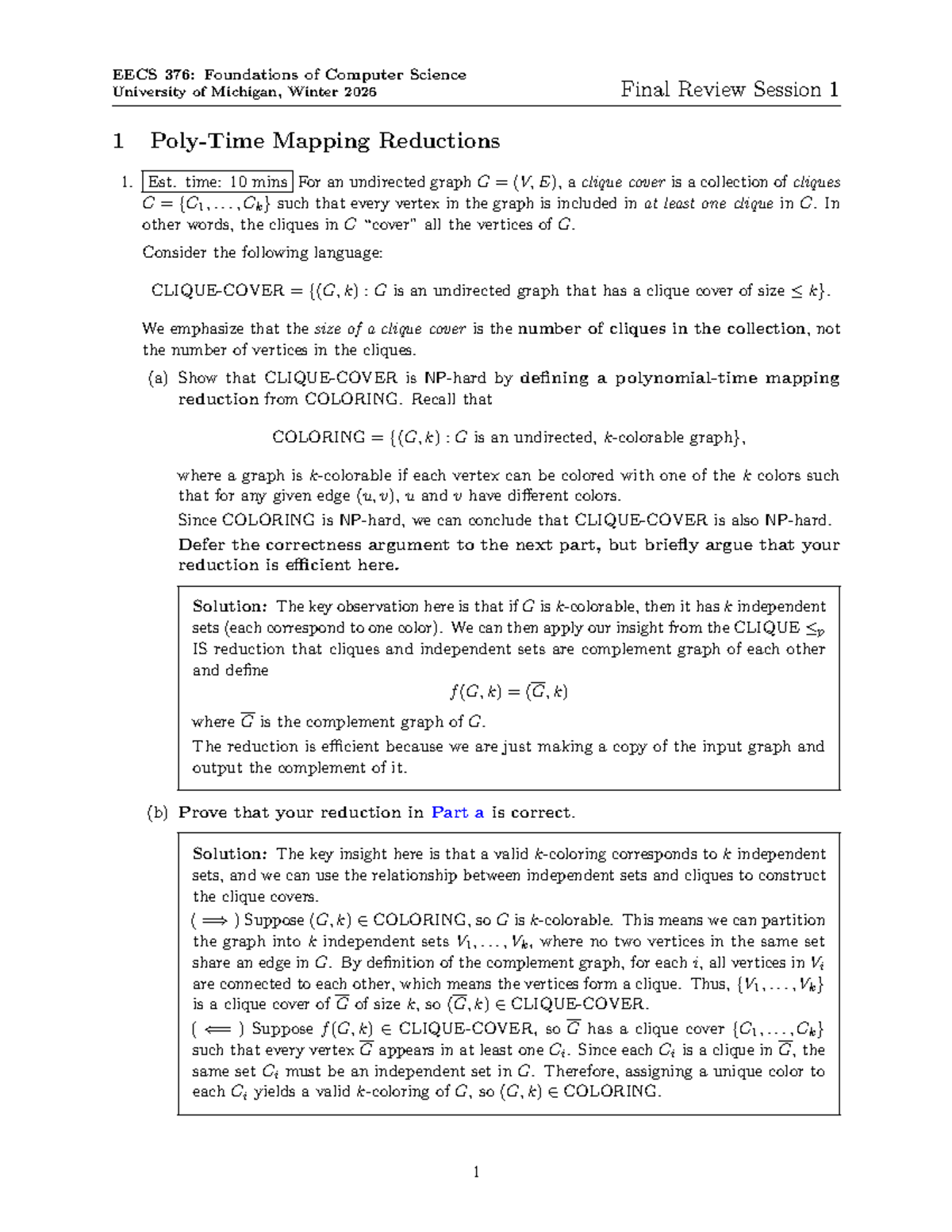 EECS 376: Foundations of Computer Science Final Review Winter 2026 ...