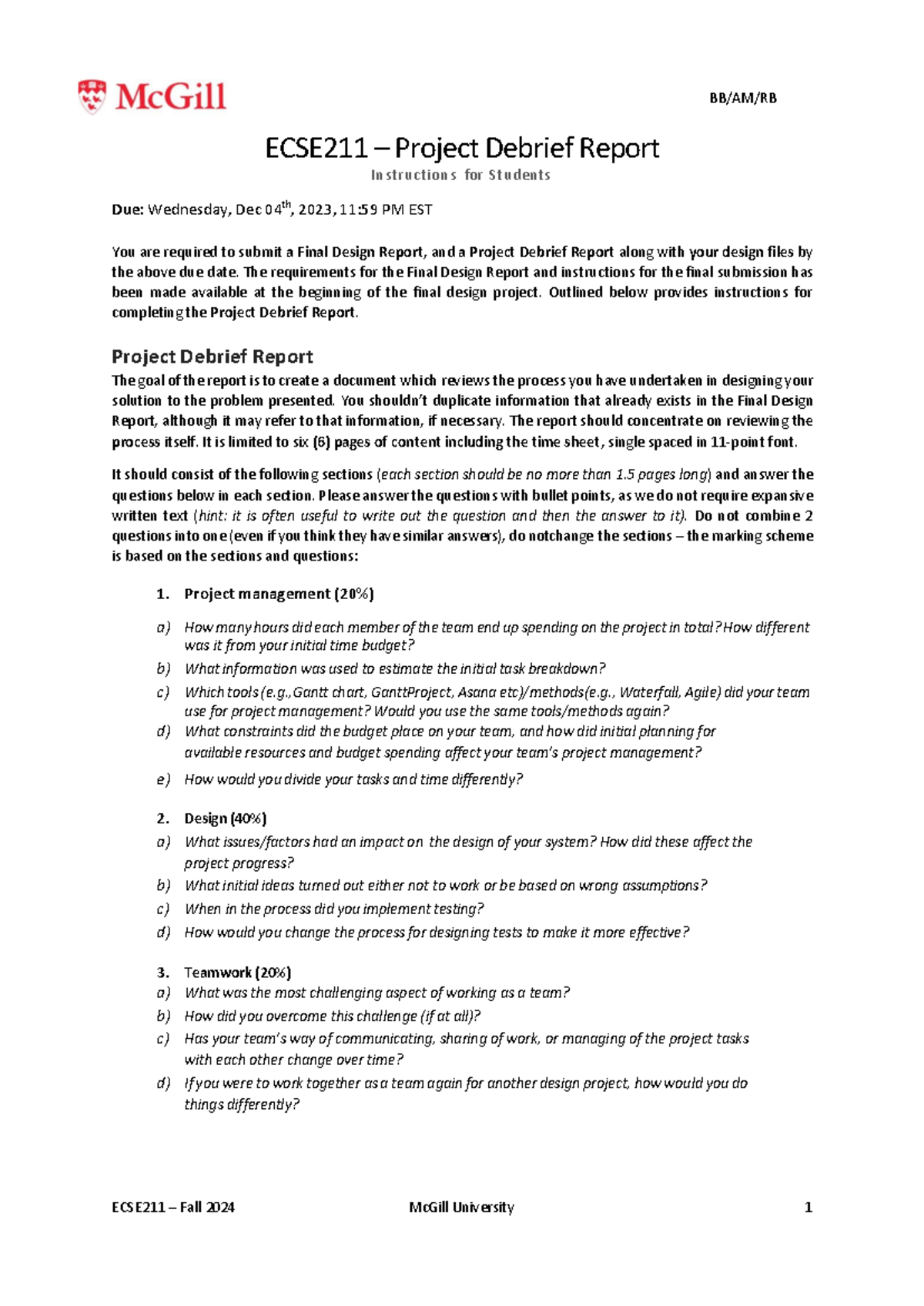 F2024 Final Project Debrief Report Instructions - V2 - BB/AM/RB ECSE211 ...