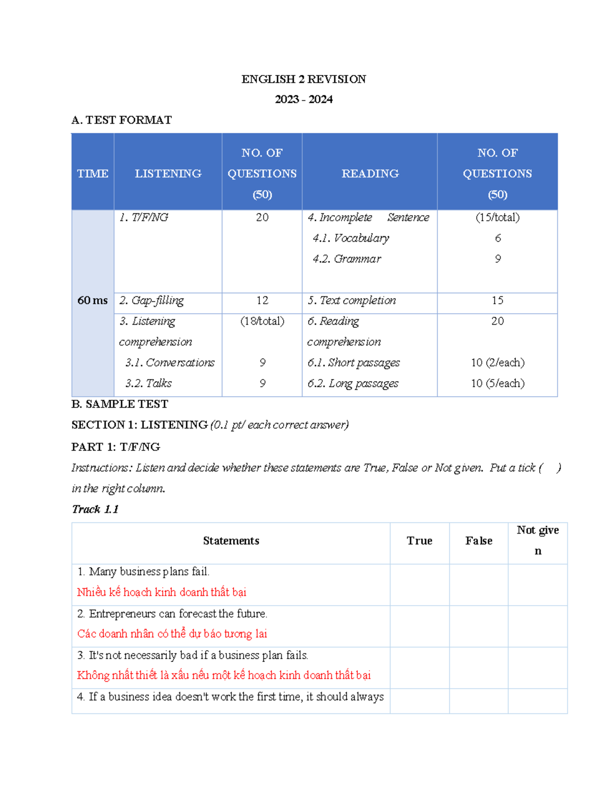 Revision with Answers for English 2 - Test Format & Sample Exam - Studocu