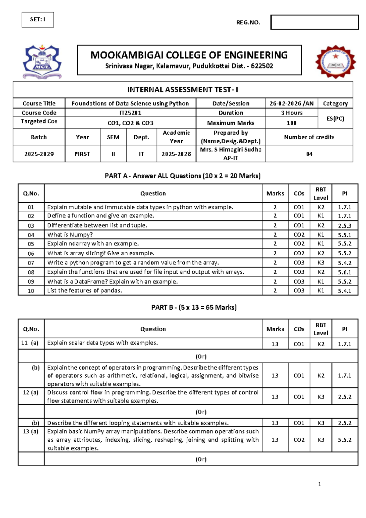 IAT I Question Paper for IT25201 - Foundations of Data Science - Studocu