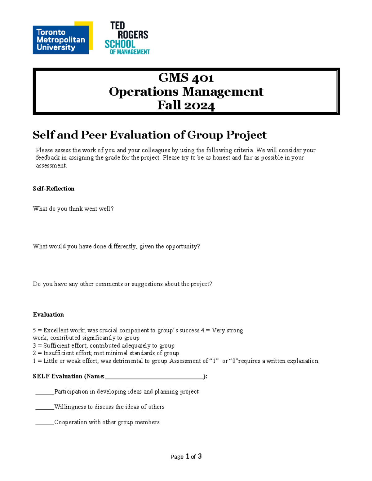 GMS401 Group Project Peer Evaluation Guide Fall 2024 - Studocu