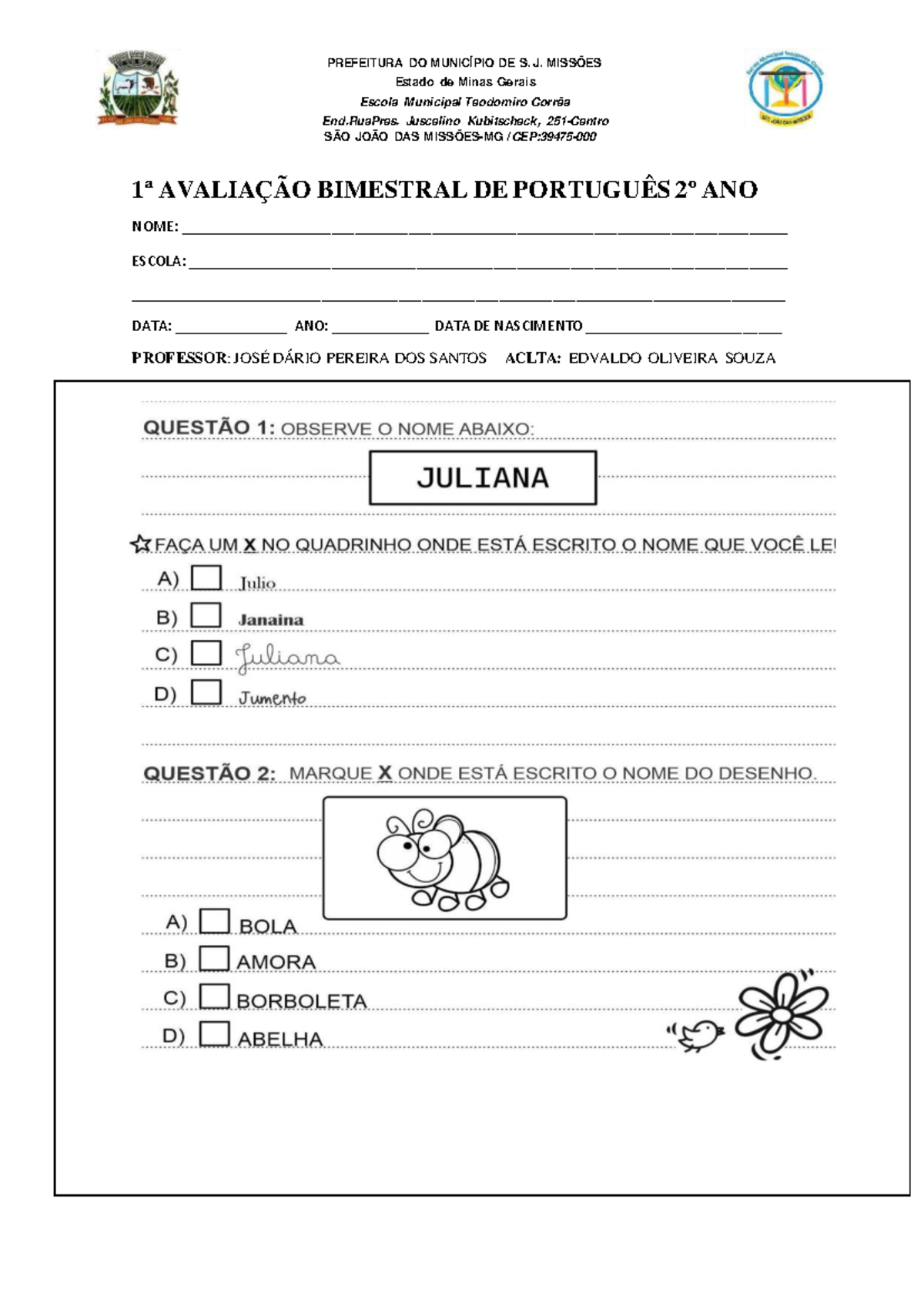Avaliaçoes 1º Bimesttre 2025 2 ANO - 1 ª AVALIAÇÃO BIMESTRAL DE ...