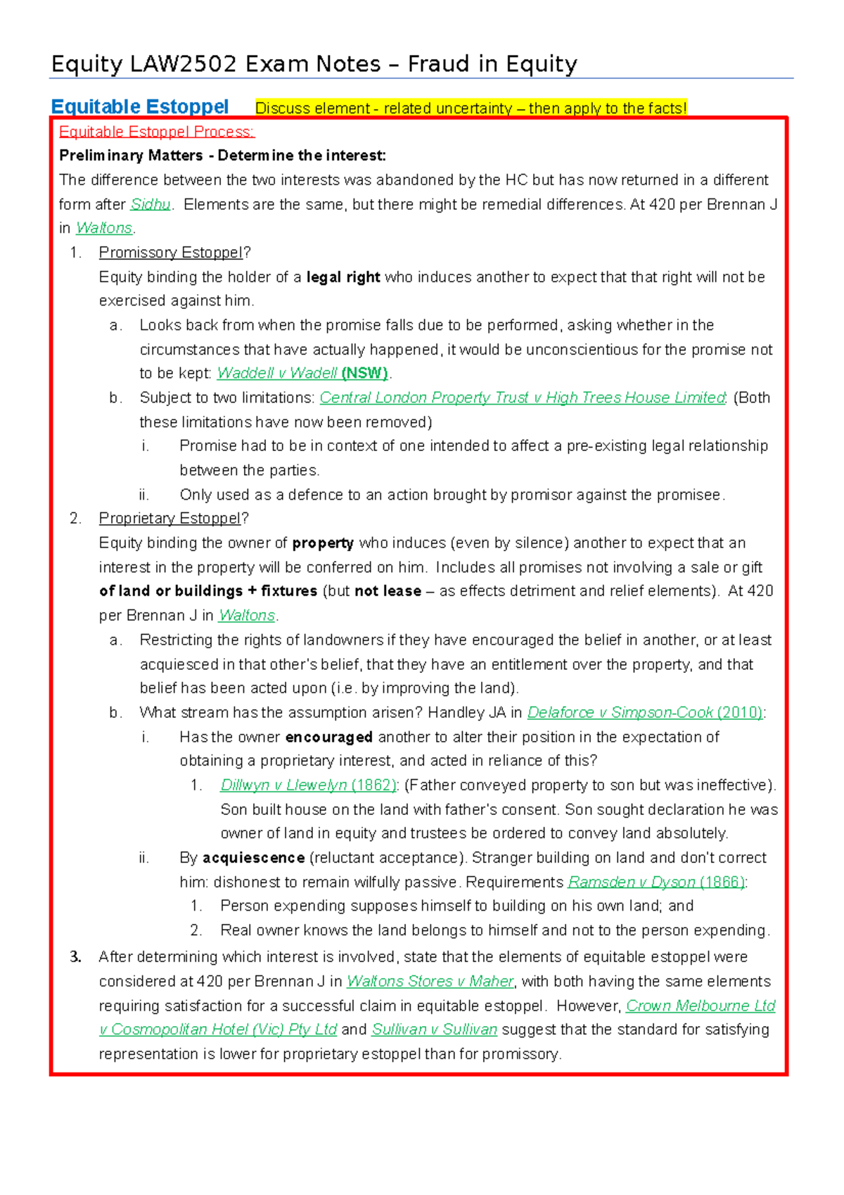 Equity-Examination-Notes - Equity LAW2502 Exam Notes – Fraud in Equity ...