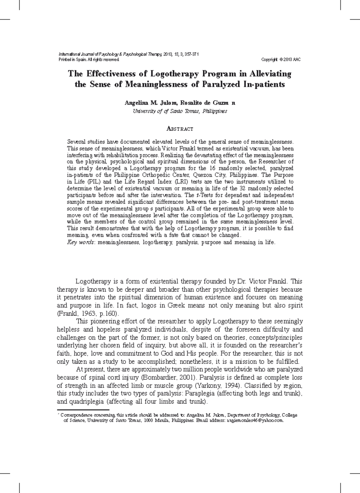 The Effectiveness of Logotherapy Program in Reducing Meaninglessness ...