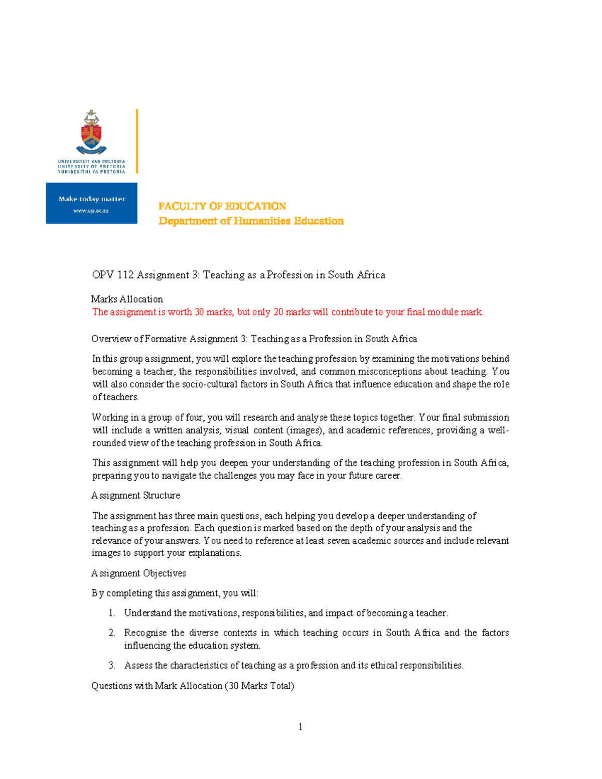 OPV 112 Assignment 3: Exploring Teaching as a Profession in SA - Studocu