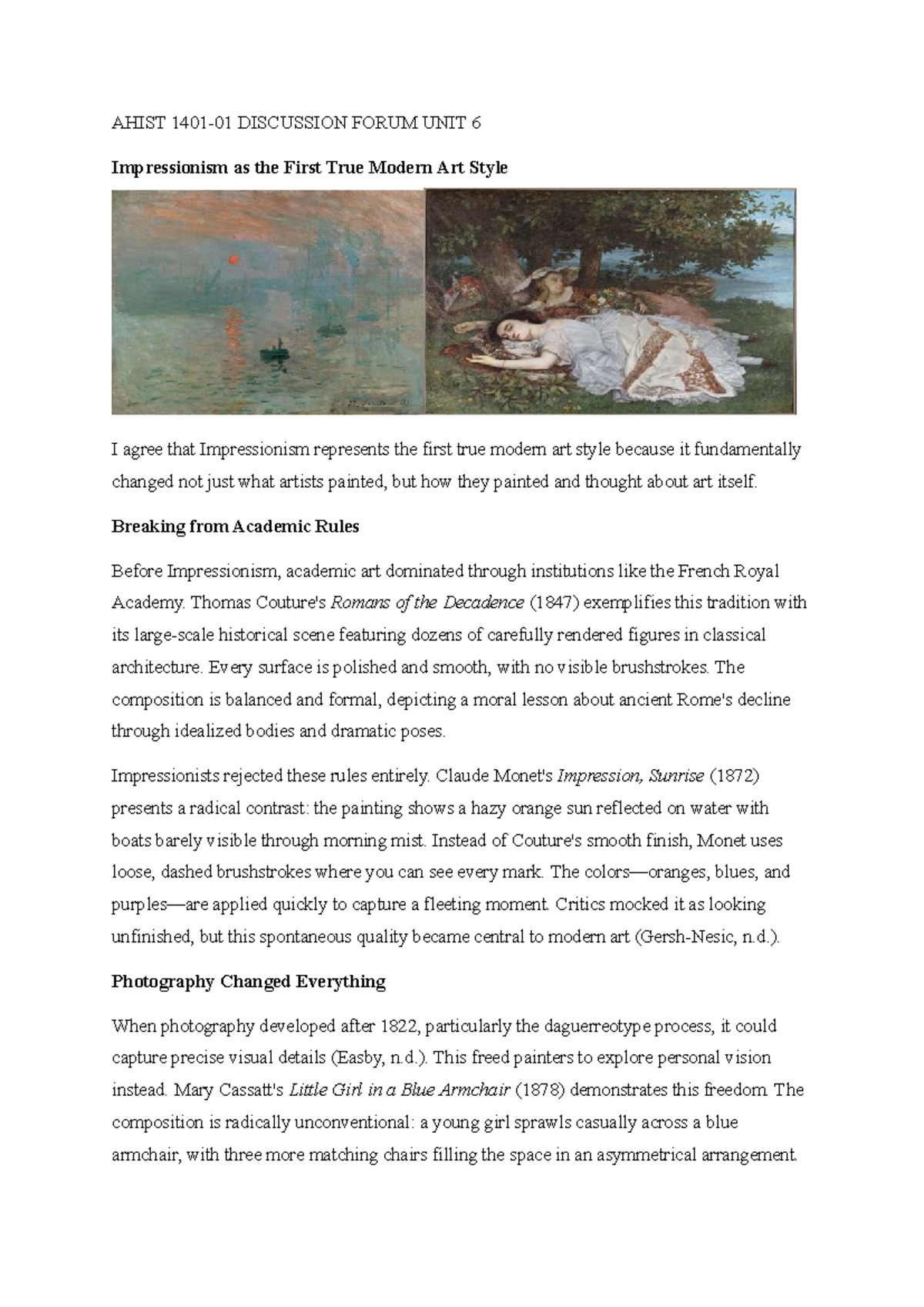 AHIST 1401-01 Discussion Forum: Impressionism as Modern Art - Studocu