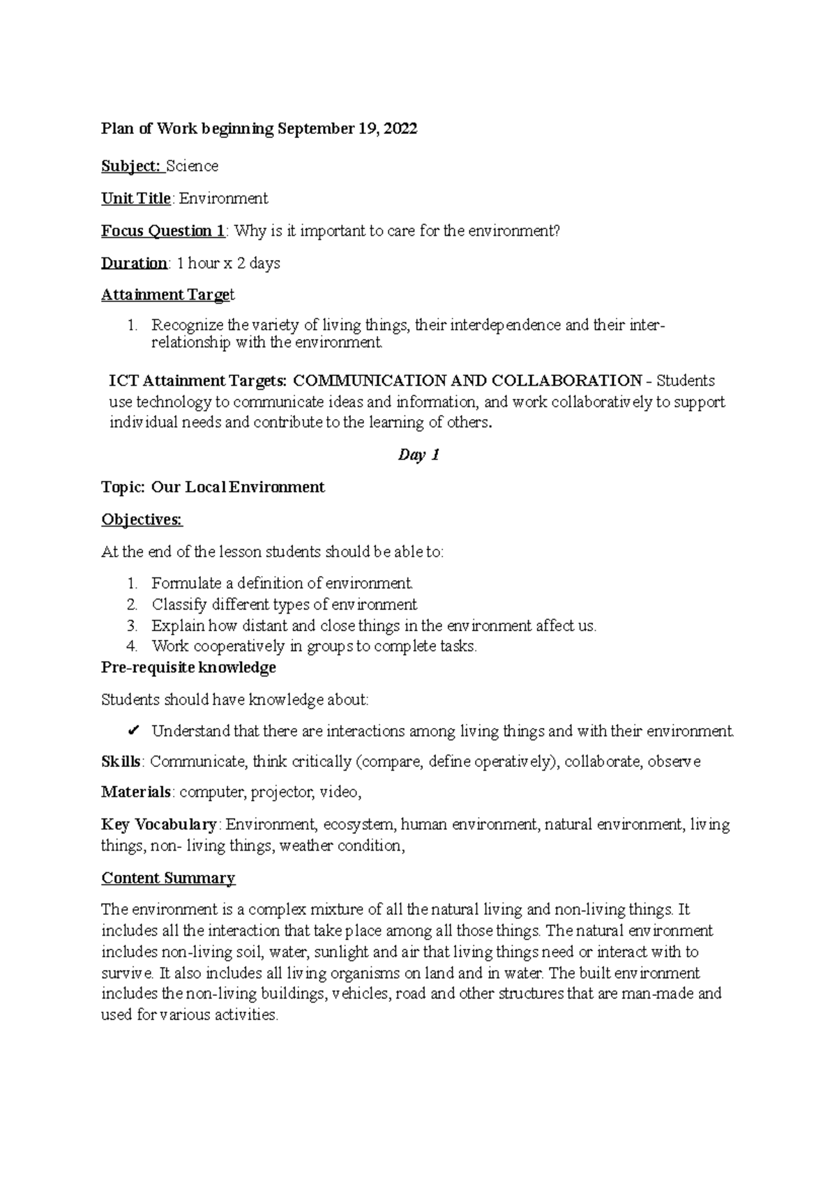 Science Lesson Plans for Week 1 - Focus on Environment - Studocu