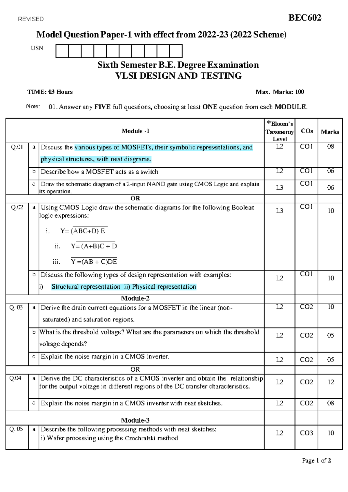 BEC602 VLSI DESIGN & TESTING Model Question Paper (2022 Scheme) - Studocu