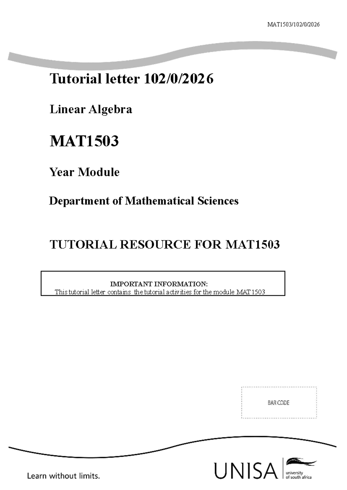 MAT1503 Tutorial Letter 6: Linear Algebra Activities and Resources ...