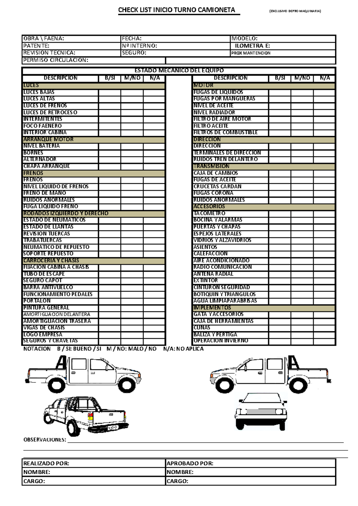 Check List Inicio Turno Camioneta 4x4 - Dept. Maquinaria - Document Preview