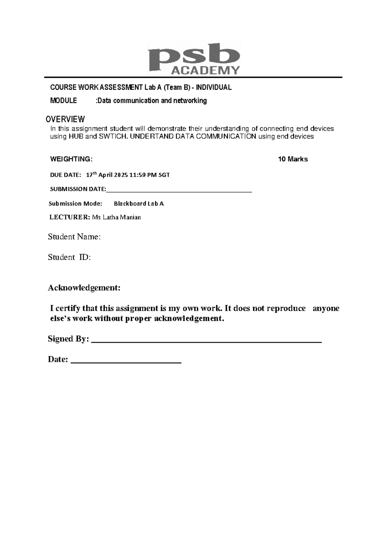 Assignment Coursework Assessmemnt Lab A -Full Time-Team B - COURSE WORK ...