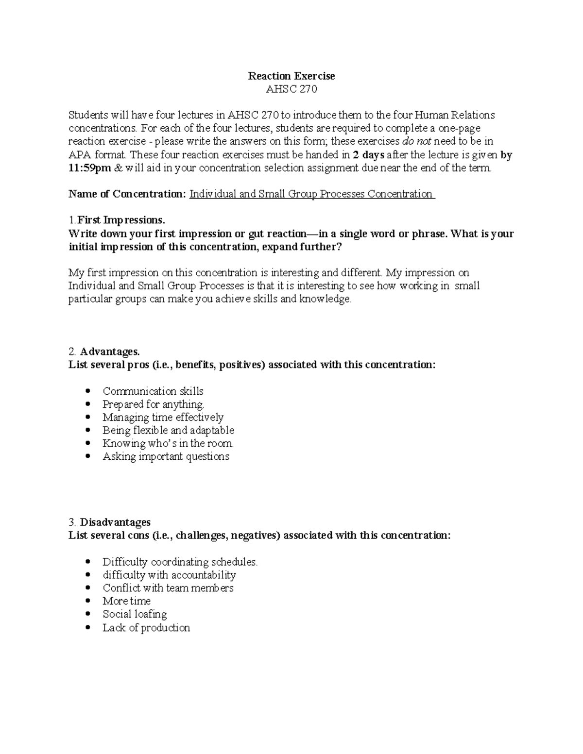 Reaction Exercise Instructions for AHSC 270: Human Relations ...